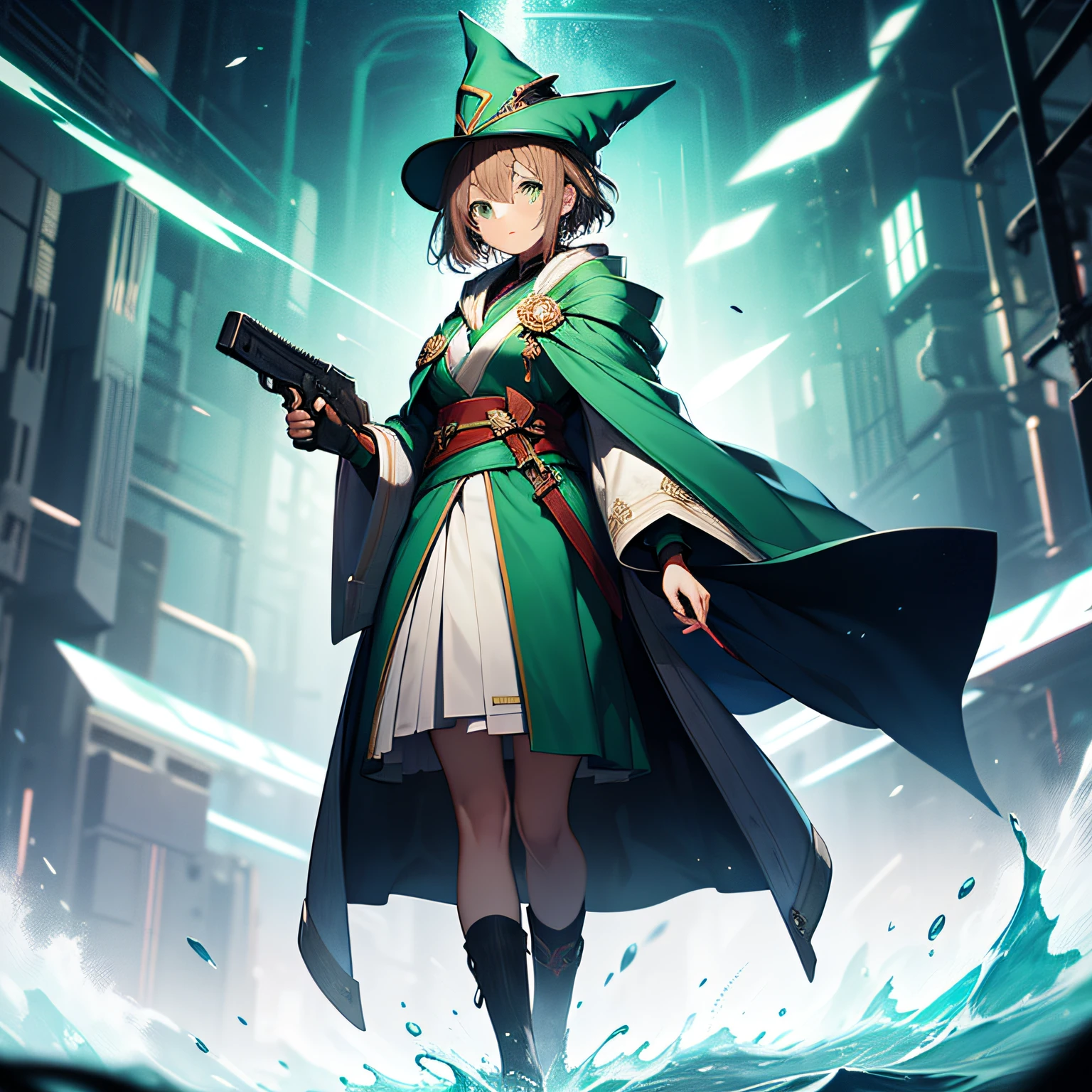 top-quality、extremely delicate and beautiful、((A girl))、teens girl、Green eyes、Small breasts、Short hair、Brown hair mixed in、Short hair、(Green Wizard Hat)、(a large blue ribbon on the head)Soio、Green clothing、long-sleeve、Red brooch on the neck、((Blue wizard robe dressed in green))、Standing、((Holding an automatic pistol in both hands))、Midnight background、is standing