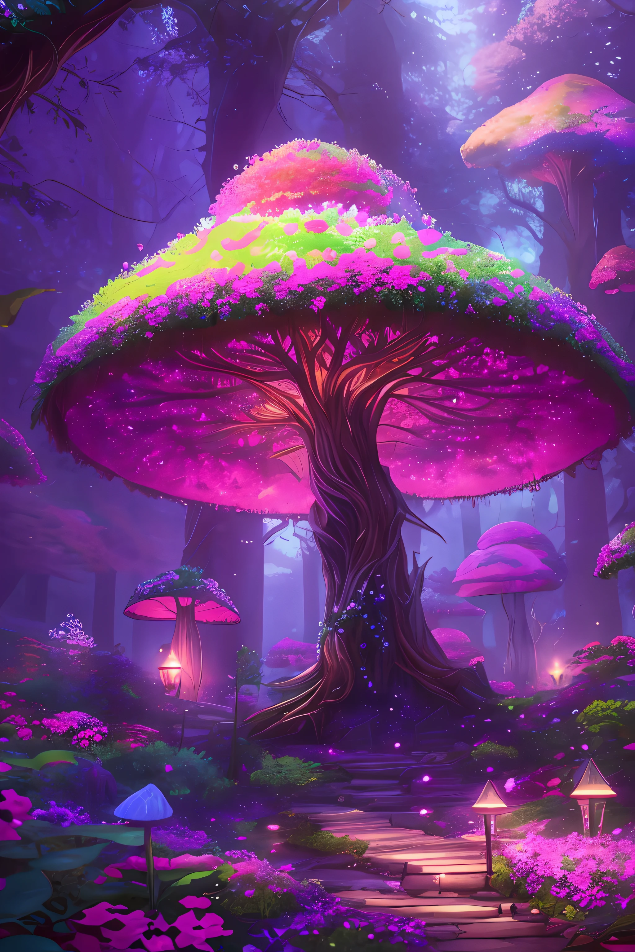 masterpiece, best quality, high quality,extremely detailed CG unity 8k wallpaper, An enchanting and dreamy scene of a fantasy forest, with towering trees, glowing mushrooms, and hidden fairy glens, creating a sense of mystique and enchantment, artstation, digital illustration, intricate, trending, pastel colors, oil paiting, award winning photography, Bokeh, Depth of Field, HDR, bloom, Chromatic Aberration ,Photorealistic,extremely detailed, trending on artstation, trending on CGsociety, Intricate, High Detail, dramatic, art by midjourney