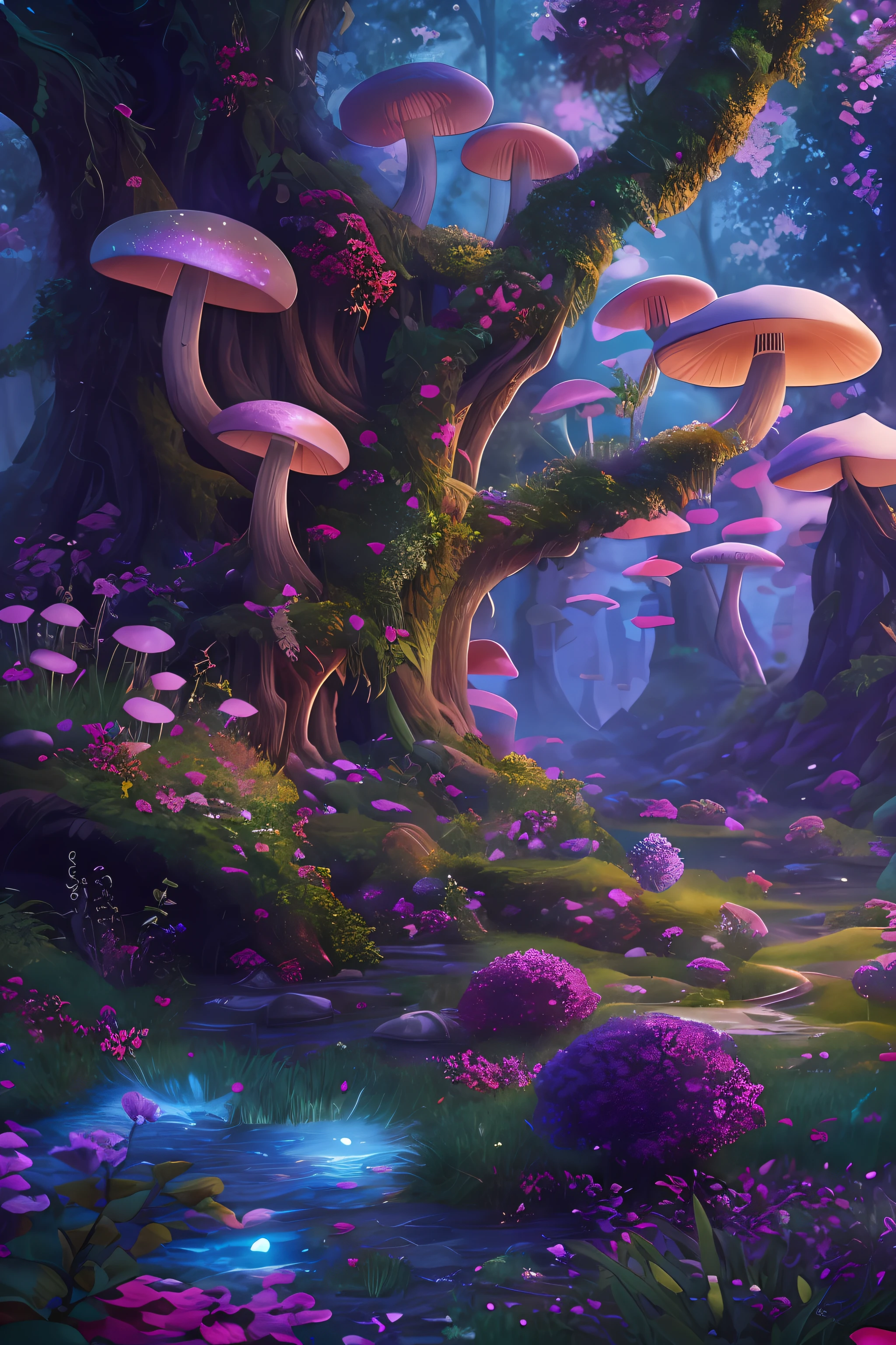 masterpiece, best quality, high quality,extremely detailed CG unity 8k wallpaper, An enchanting and dreamy scene of a fantasy forest, with towering trees, glowing mushrooms, and hidden fairy glens, creating a sense of mystique and enchantment, artstation, digital illustration, intricate, trending, pastel colors, oil paiting, award winning photography, Bokeh, Depth of Field, HDR, bloom, Chromatic Aberration ,Photorealistic,extremely detailed, trending on artstation, trending on CGsociety, Intricate, High Detail, dramatic, art by midjourney