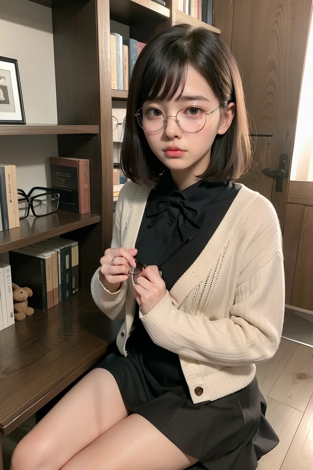 Photo Real、photoRealstic Dark hair、Short hair、bangss drooing eyes、with round face、The contours of the face are round、Plump cheeks、small mouth、a baby face eye glasses、Round glasses、Big glasses、Black-rimmed glasses、Beige cardigan、pleatedskirt、Light clothing School teacher、30-years old、japanes、tiny body、Young Face、Soft thighs Faces close、Face Close-up、Close distance、Staring at this、Leaning against the bookshelf、Blushing Background with、bookcase、Timber wall、wood floor、Dark place