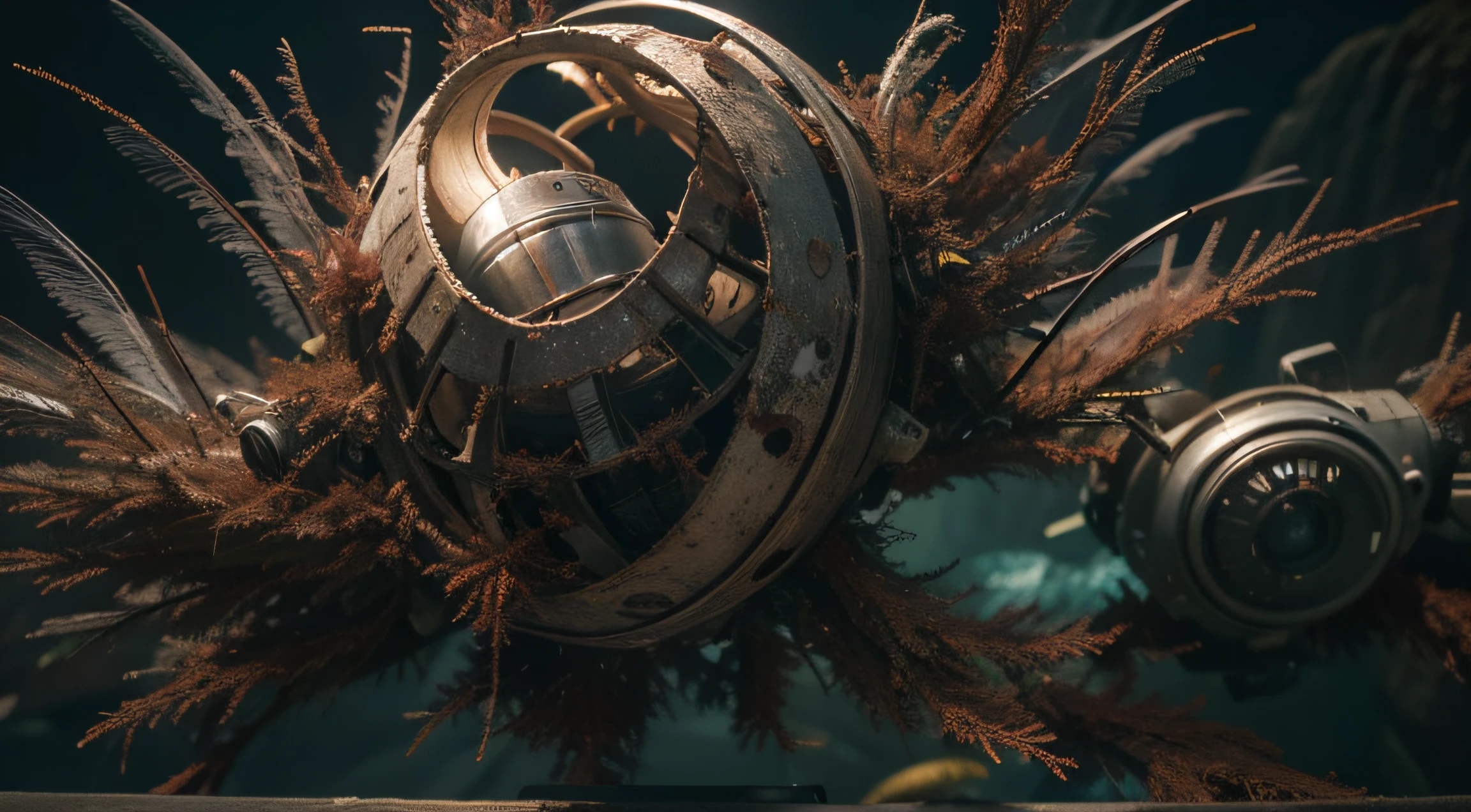 a heavily distorted, dim bounced light barren void, multiple sea creatures comprised of contorted feathers/machinery/pipes/rusted components is floating in the air, amorphous dark material is being warped and torn into remnants, extra detail, 4kHD details, best resolution, surrealistic composition, extreme view angle, motion blur, depth of field, foreshortening, tilted view angle, cinematic lighting, movie scene, precise details, intense details, panoramic image, image within image