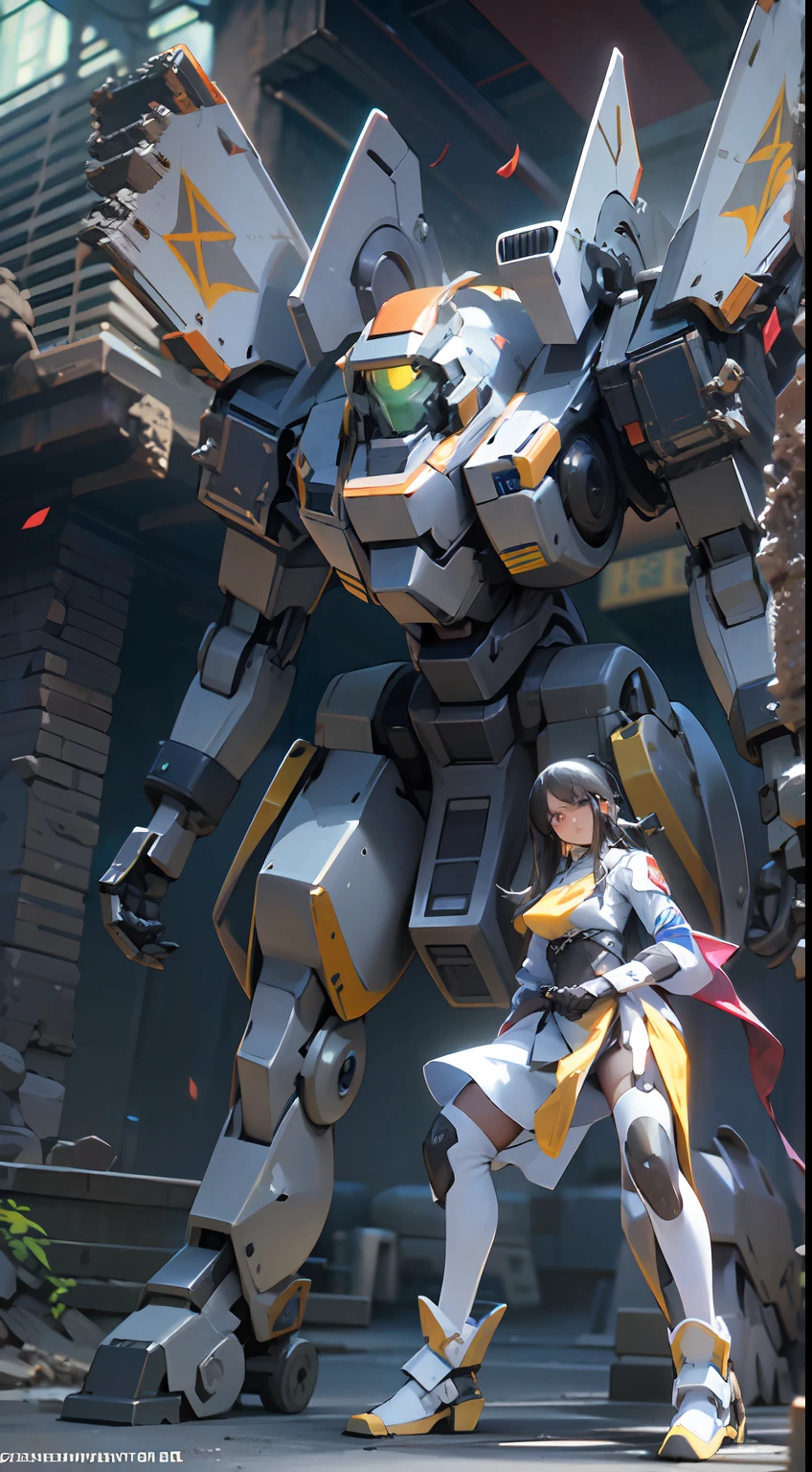 ((Best quality)), ((masterpiece)), (highly detailed:1.3), 3D,Shitu-mecha, beautiful cyberpunk women with her mecha in the ruins of city from a forgoten war, ancient technology,HDR (High Dynamic Range),Ray Tracing,NVIDIA RTX,Super-Resolution,Unreal 5,Subsurface scattering,PBR Texturing,Post-processing,Anisotropic Filtering,Depth-of-field,Maximum clarity and sharpness,Multi-layered textures,Albedo and Specular maps,Surface shading,Accurate simulation of light-material interaction,Perfect proportions,Octane Render,Two-tone lighting,Low ISO,White balance,Rule of thirds,Wide aperature,8K RAW,Efficient Sub-Pixel,sub-pixel convolution,luminescent particles,light scattering,Tyndall effect