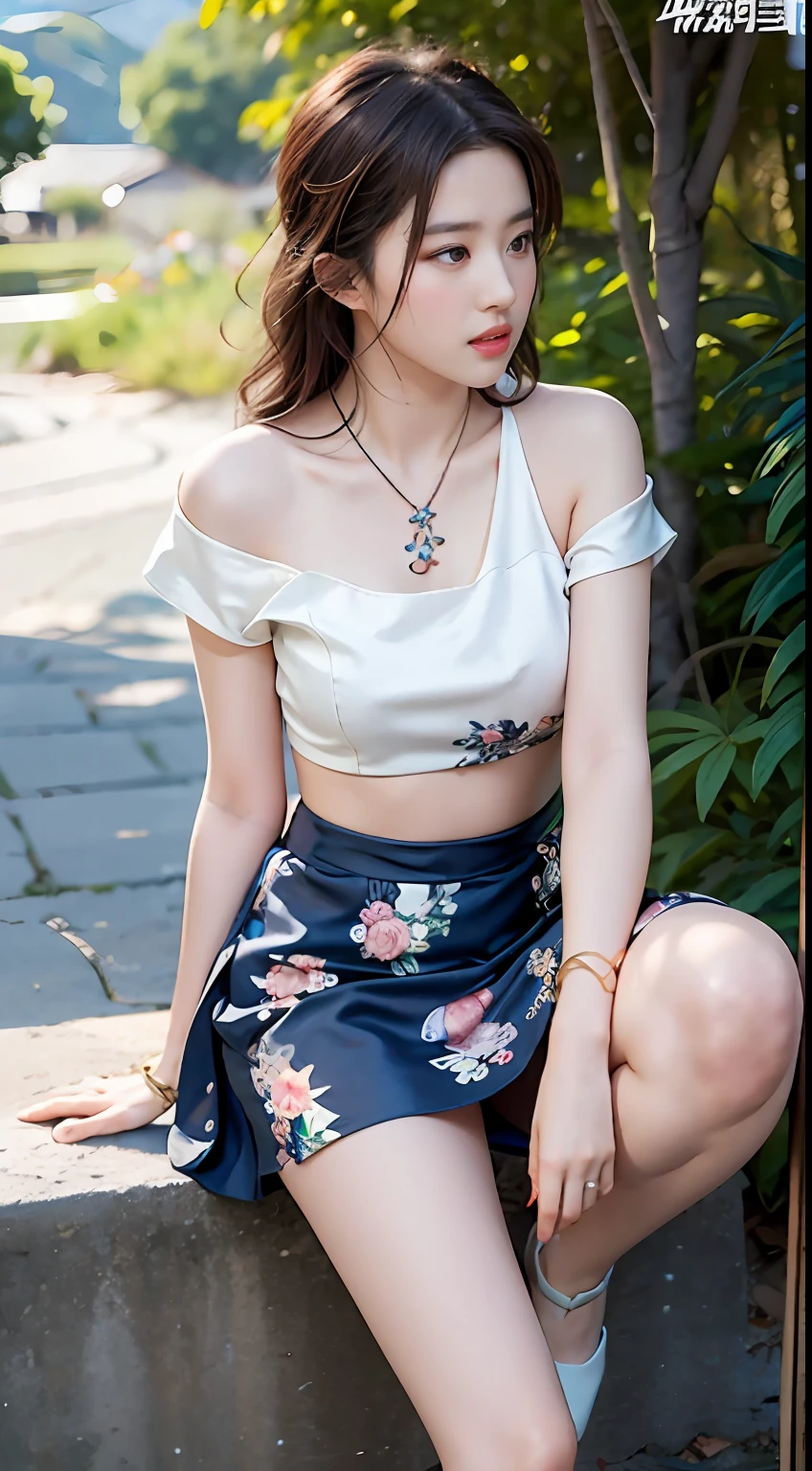 NSFW， 8K Raw photograph， best qualtiy， tmasterpiece， 超高分辨率， filmgrain， cinematic ligh， 1girll， looking at viewert， Natural skin texture， Realistic Eyes and Face Details， full pouty lips， lipsticks， （putting makeup on）， Red eyeshadow， Short fluffy hair， messy  hair， ssmile， Rejoice， beautifullegs， Tall women， slim， Slim legs， 独奏， Brustwarzen， Pose with your hips facing you， Mini print silk skirt， hindquarters， Beautiful natural location， Location of flowers around， （detailedbackground） ， Show a little through the shirt， Footwear， vague background， bblurry， halter， short- sleeved， The ribbon is around the neck， JK ribbon， brown  hair， bangle， Eau， By bangs， jewely， parted lip， cparted lips， From the side Side， depth of fields，beachside，zona rural，Printed silk belly pocket，are standing，