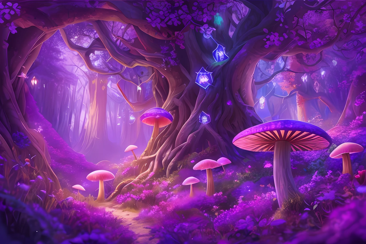 masterpiece, best quality, high quality,extremely detailed CG unity 8k wallpaper, An enchanting and dreamy scene of a fantasy forest, with towering trees, glowing mushrooms, and hidden fairy glens, creating a sense of mystique and enchantment, artstation, digital illustration, intricate, trending, pastel colors, oil paiting, award winning photography, Bokeh, Depth of Field, HDR, bloom, Chromatic Aberration ,Photorealistic,extremely detailed, trending on artstation, trending on CGsociety, Intricate, High Detail, dramatic, art by midjourney