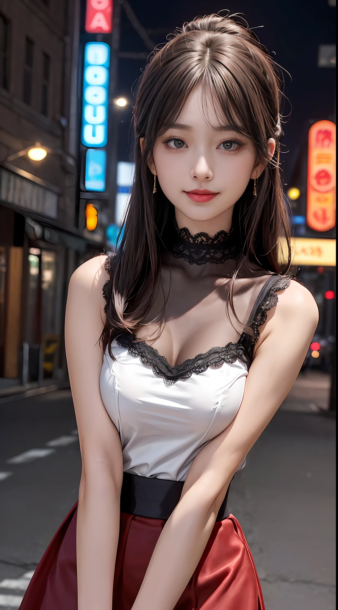 8k, masterpiece, RAW photo, best quality, photorealistic, extremely detailed CG unity 8k wallpaper, Depth of field, Cinematic Light, Lens Flare, Ray tracing, (extremely beautiful face, beautiful lips, beautiful eyes), intricate detail face, ((ultra detailed skin)) 1girl, in the dark, deep shadow, pretty korean girl, kpop idol,(very slim slender fit-muscled body:1.3), ((looking at viewer)),(big smile:1.3), (tight mini skirt, sleeveless), (fashion city night, (neon sign), (big building), fashion street night),(no people), (without people in the background:1.3), pretty korean girl, white diamond earrings, dia bracelets, dia necklace, pantyhose, clear eyes, walking , front shot, (pale skin), face forward, (big eyes), ((upper body shot)), ((silk Laced brouse)), ((black, red color skirt:1.3)), (brown hairs) (looking at viewer:1.3), (see through blouse), (laced panty), open breast, very slim, medium breasts, have a sheen , camel tau, shape:1.25