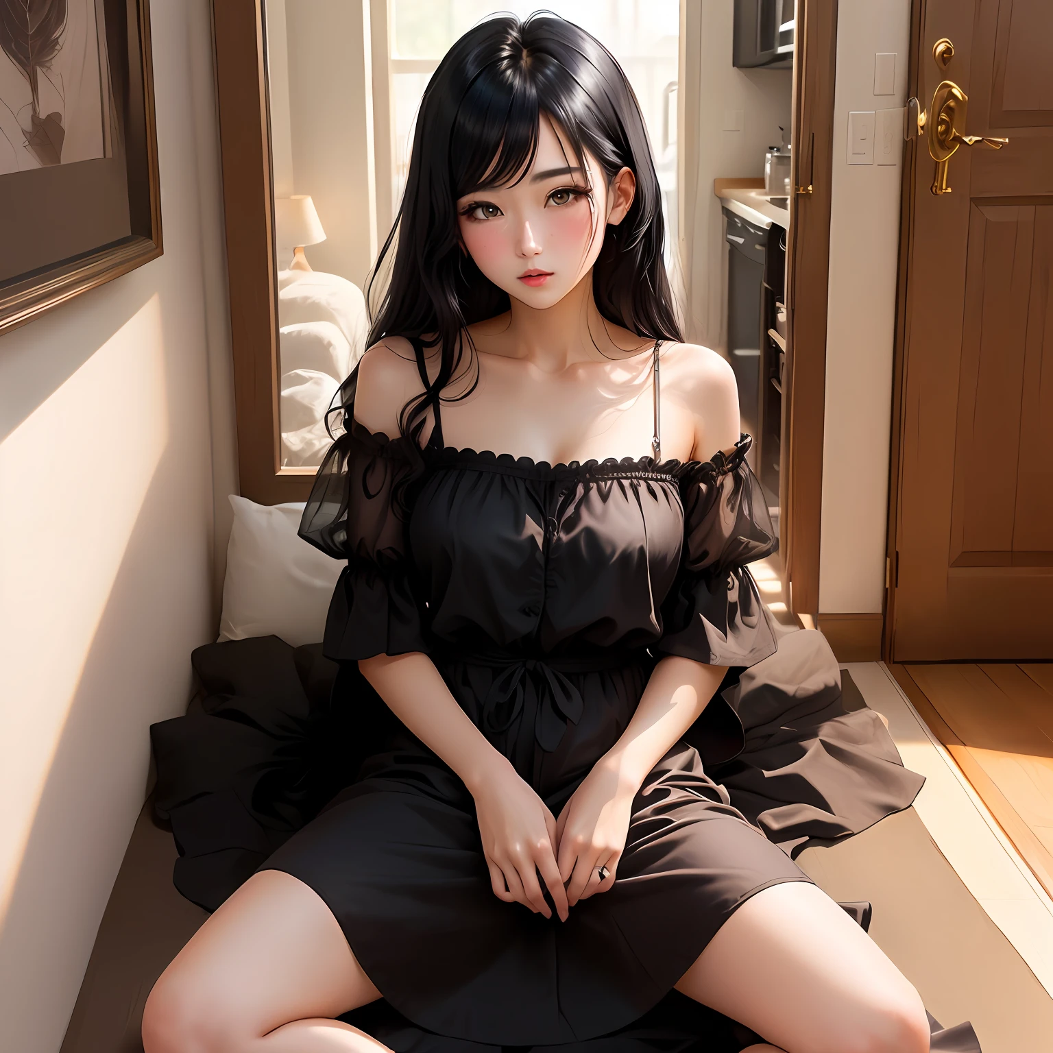 hostess black hair dress disheveled photo
