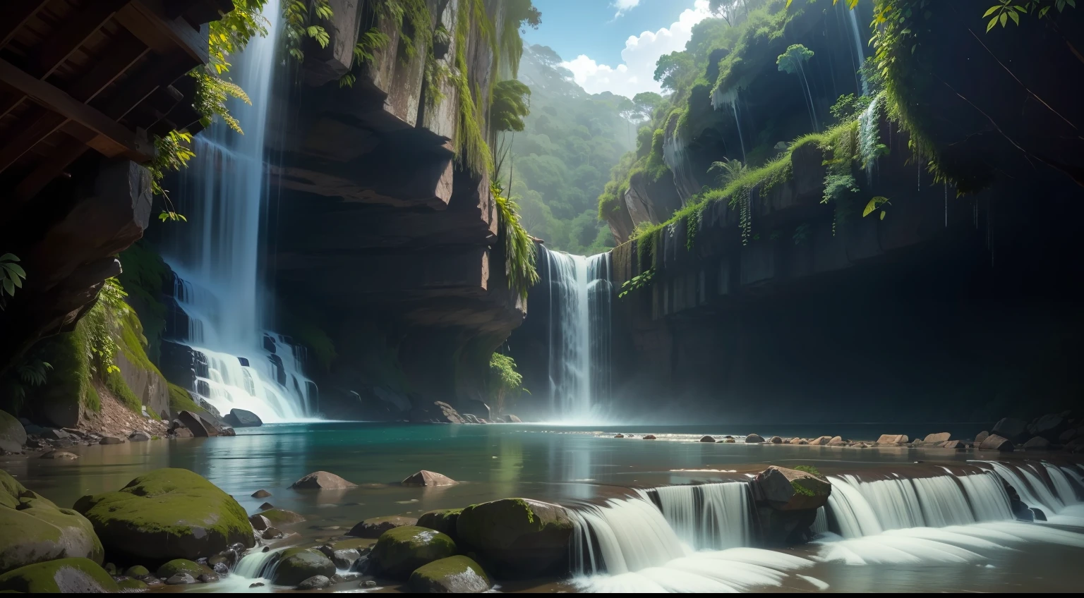 cachoeira, crystal water, real, floresta, vegetation, Sky at dusk, exuberante, grandioso
