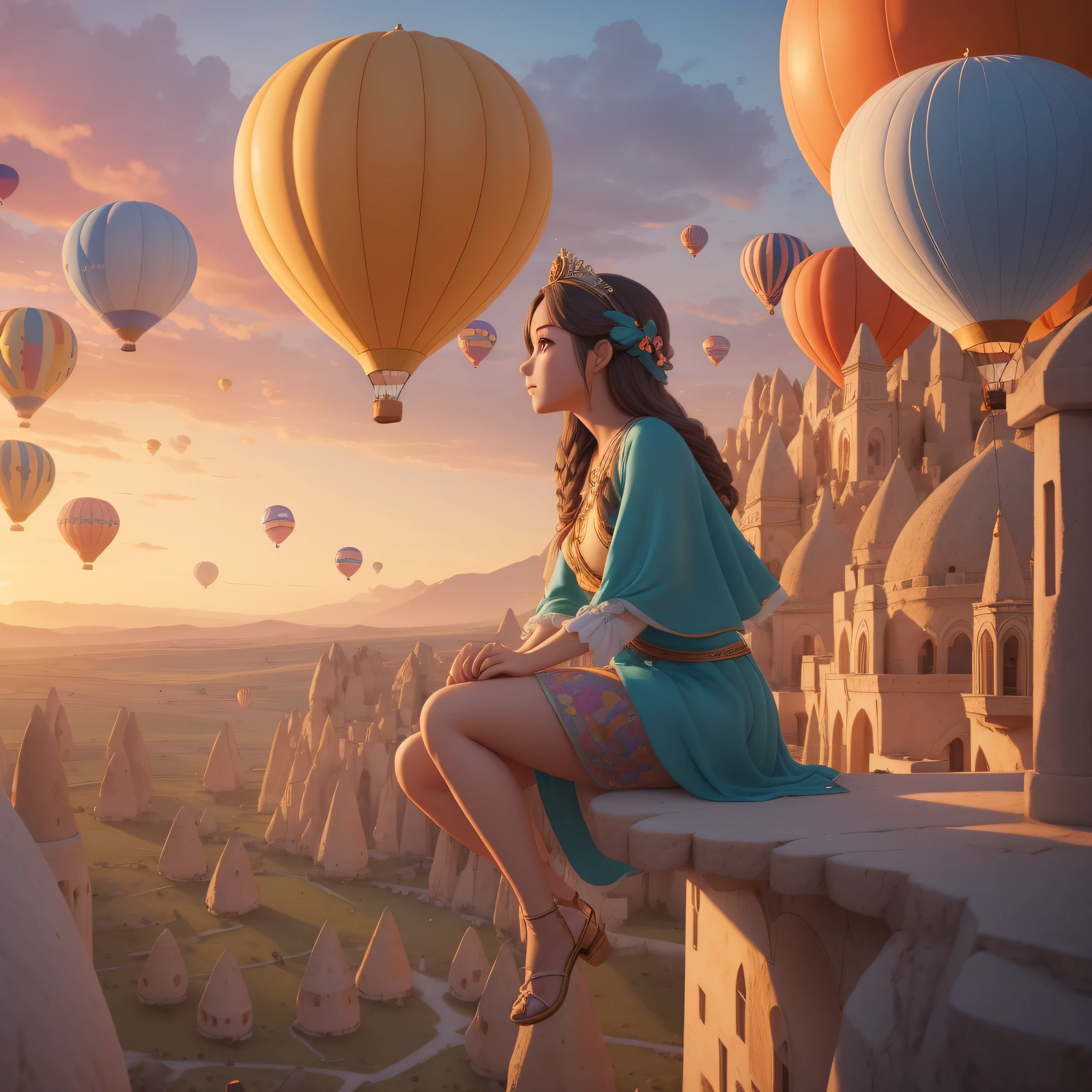 (piece of master), best quality. Cappadocia Region, Princess watching from a balcony balloons in the sky in the background, Sunset, Fantasy Style 8k Octane Rendering, (octane rendering) estilo fantasia, Fantasia pintura fosca, fofo, realistic fantasy illustration, epic 3D illustrations, bela arte digital, arte fantasia behance , stylized as a 3d rendering, Estilo Pixar, estilo de arte disney, Estilo Niji Kawaii, beautiful render of a fairytale, Rastreamento de vray, DSLR, UHD, 32k