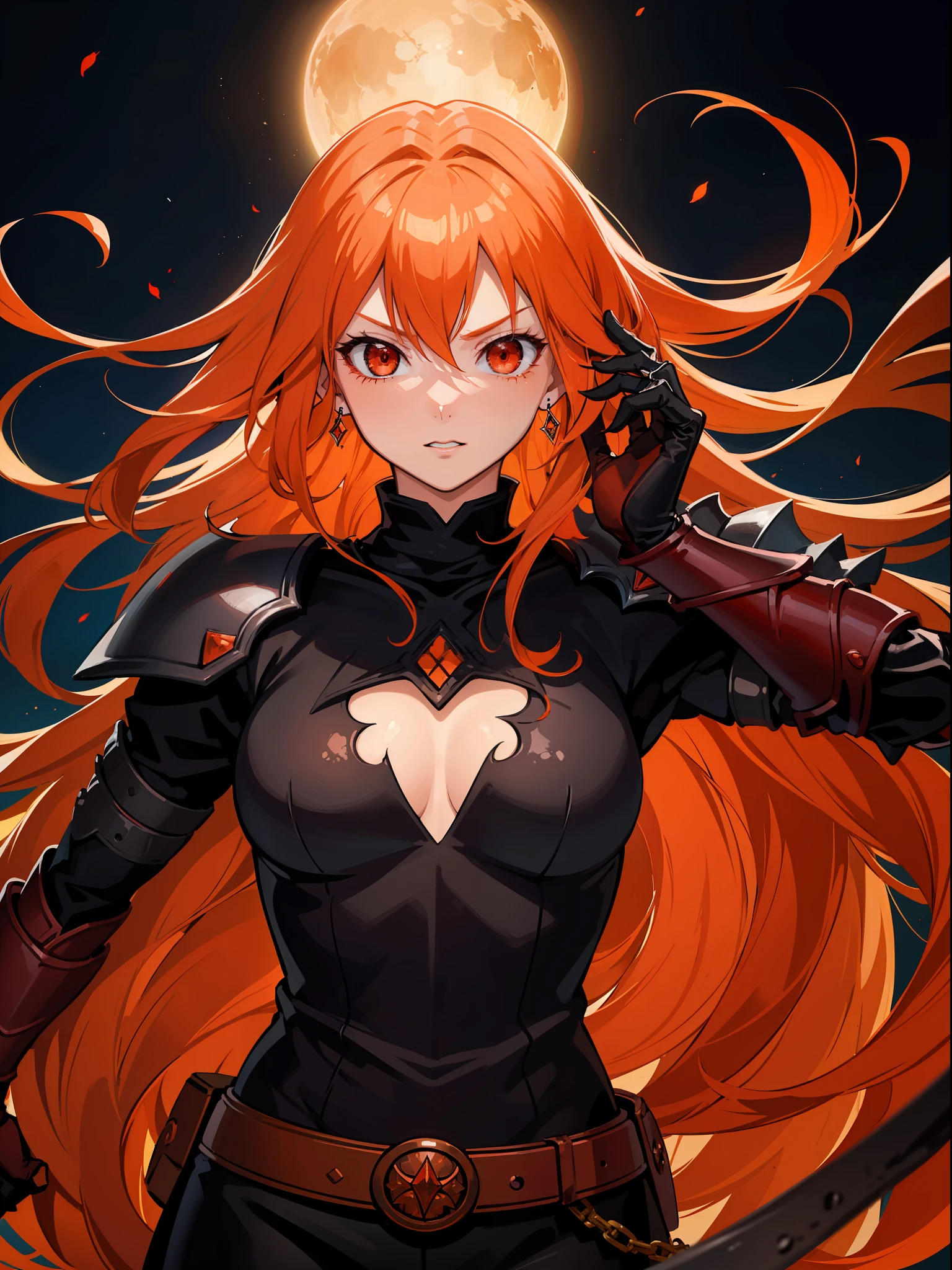 high quality, enhanced lighting, pretty girl, long orange hair, red detailed eye, dark armor, berserk armor, berserk, akira toriyama style, Elden Ring