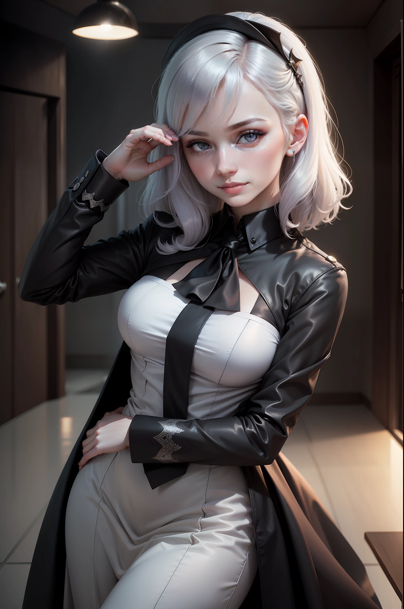 1girl, beautiful retro colors, instagram (realistic, high resolution: 1.4), (puffy eyes)), looking at the viewer, full body (8k, RAW photo, best quality, masterpiece: 1.2), (realistic, photorealistic photo: 1.37), (sharp focus: 1.2), professional lighting, photon mapping, radiosity, physically based rendering, (pale skin: 1.2), (small breast: 1.2), looking at the viewer, (medium hair: 1.5), portrait, purple pupils , (silver: 1.1), bangs, (simple background: 1.4), solo, upper body, realism, (masterpiece: 1.4), (best quality: 1.4), (fair skin), mage sister, makeup, smile (thin, shut up, shy: 1.3), (standing, black flight attendant uniform, necromancer: 1.1), medium bust, sexy pose,