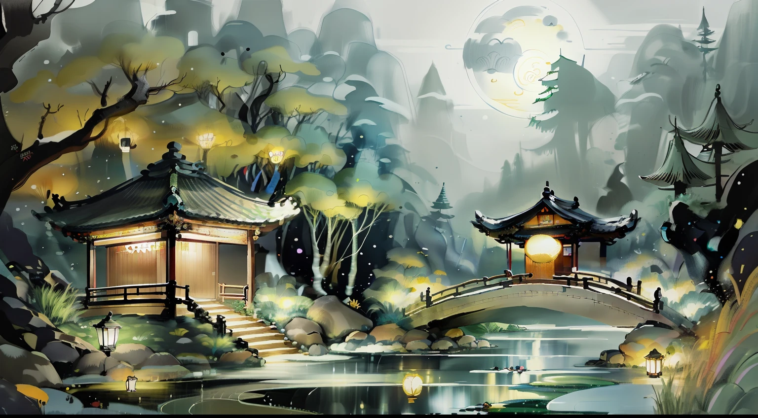 masterpiece,best quality,Chinese martial arts style,an asian night scene with lanterns and water lilies,asian pond with many lanterns and boatsa night scene with many lights and boats in the water, Lake surface, lotus flowers,beautiful night scene,(((Chinese martial arts style))), with vast sky, continuous mountains and steep cliffs, ink wash style, outline light, atmospheric atmosphere, depth of field, mist rising, bamboo, pine trees, octagonal stone pavilion, waterfall flowing water,big full moon,(No color) , Monochrome, light color,