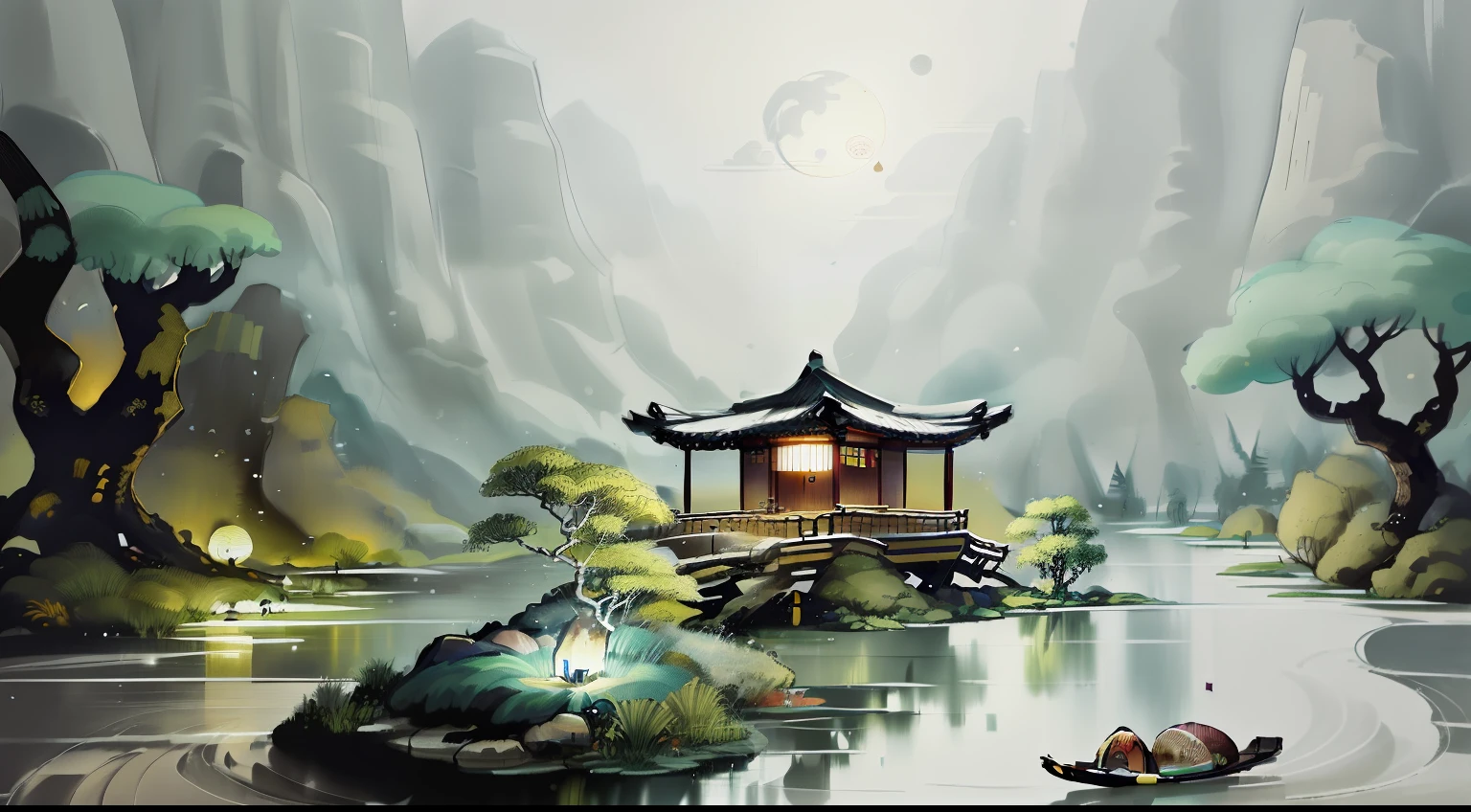 masterpiece,best quality,Chinese martial arts style,an asian night scene with lanterns and water lilies,asian pond with many lanterns and boatsa night scene with many lights and boats in the water, Lake surface, lotus flowers,beautiful night scene,(((Chinese martial arts style))), with vast sky, continuous mountains and steep cliffs, ink wash style, outline light, atmospheric atmosphere, depth of field, mist rising, bamboo, pine trees, octagonal stone pavilion, waterfall flowing water,big full moon,(No color) , Monochrome, light color,