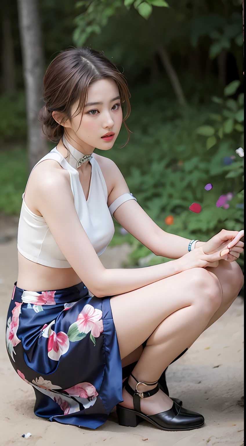 NSFW, 8K Raw photograph, best qualtiy, tmasterpiece, 超高分辨率, filmgrain, cinematic ligh, 1girll, looking at viewert, Natural skin texture, Realistic Eyes and Face Details, full pouty lips, lipsticks, (putting makeup on), Red eyeshadow, Short fluffy hair, messy hair, ssmile, Rejoice, beautifullegs, Tall women, being thin, Slim_Legs, 独奏, Brustwarzen, Pose with your hips facing you, Mini print silk skirt, hindquarters, Beautiful natural location, Location of flowers around, (detailedbackground) , Show a little through the shirt, Footwear, vague background, bblurry, halter,, short- sleeved, The ribbon is around the neck, JK ribbon, brown hair, bangle, Eau, By bangs, jewely, parted lip, cparted lips, From the side Side, Printed silk skirt, depth of fields,beachside,zona rural,Printed silk belly pocket,are standing,