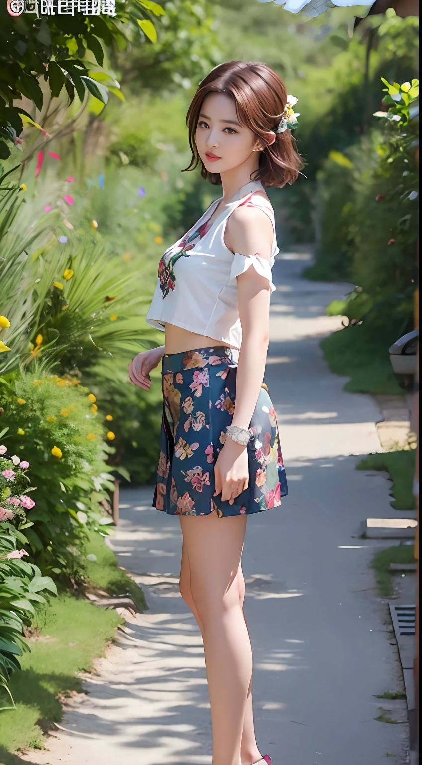 NSFW， 8K Raw photograph， best qualtiy， tmasterpiece， 超高分辨率， filmgrain， cinematic ligh， 1girll， looking at viewert， Natural skin texture， Realistic Eyes and Face Details， full pouty lips， lipsticks， （putting makeup on）， Red eyeshadow， Short fluffy hair， messy  hair， ssmile， Rejoice， beautifullegs， Tall women， being thin， Slim_Legs， 独奏， Brustwarzen， Pose with your hips facing you， Mini print silk skirt， hindquarters， Beautiful natural location， Location of flowers around， （detailedbackground） ， Show a little through the shirt， Footwear， vague background， bblurry， halter，， short- sleeved， The ribbon is around the neck， JK ribbon， brown  hair， bangle， Eau， By bangs， jewely， parted lip， cparted lips， From the side Side， Printed silk skirt， depth of fields，beachside，zona rural，Printed silk belly pocket，are standing，