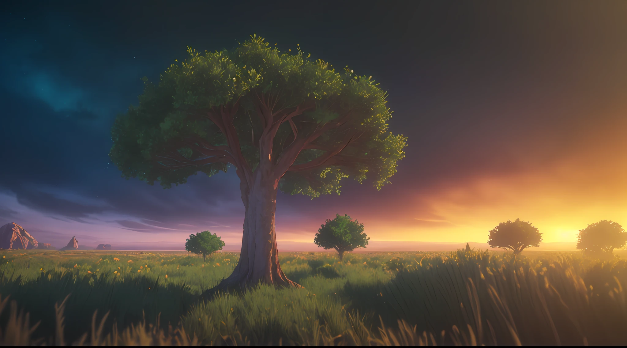 A quiet place, very pleasant, aesthetic, calm, landscaped. tree of life, thick and twisted trunk, day dawning, photorealistic, 8k uhd, studio quality, ultra realistic, post-processing, realistic, photorealism, photoshop, landscape photography, wide-angle lens, detailed, cinematic lighting, landscape, panoramic, landscape, raytracing, cinema4d