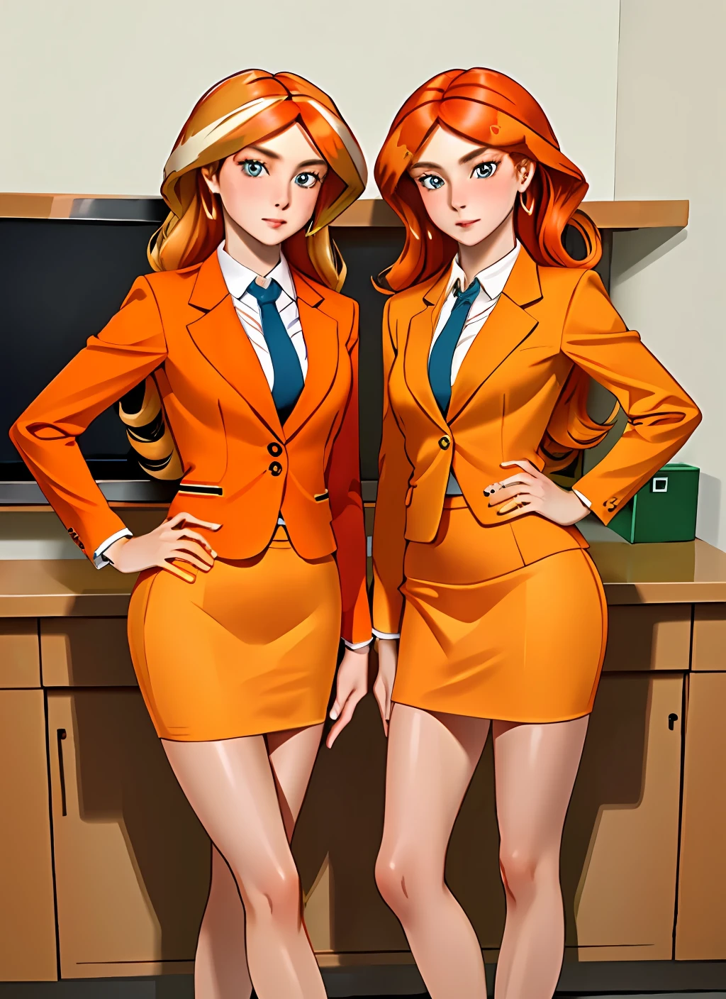 ((best quality)), ((highly detailed)), masterpiece, (detailed eyes, deep eyes), (2girls, duo, identical twins, clones, doppelganger), cowboy shot, SunsetHuman, (multicolored hair, (two-tone hair:1.1), red and blonde hair), BREAK, aqua eyes, ((office ladies, orange skirt suit, orange blazer, long sleeves, orange pencil skirt, orange tight skirt, bare legs, high heels, same color skirt suits)), highly detailed faces, highly detailed bodies, mnstfc, skirt