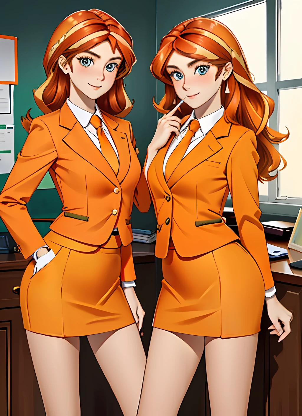 ((best quality)), ((highly detailed)), masterpiece, (detailed eyes, deep eyes), (2girls, duo, identical twins, clones, doppelganger), cowboy shot, SunsetHuman, (multicolored hair, (two-tone hair:1.1), red and blonde hair), BREAK, aqua eyes, ((office ladies, orange skirt suit, orange blazer, long sleeves, orange pencil skirt, orange tight skirt, bare legs, high heels, same color skirt suits)), highly detailed faces, highly detailed bodies, mnstfc, skirt