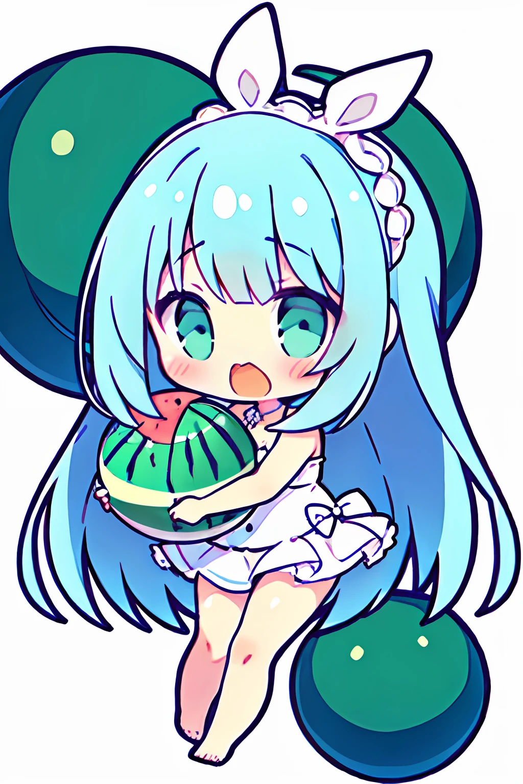 Chibi:1.2、(White background:1.3)::5],(imid shot:0.95),(Full body:1.25),
(Official art:1.2),
//,
(Falling down:1.1),
(fetal position:1.2),
Eat cut watermelon,
nose blush,cute little,Open mouth,mini crown,(white thighhig:1.3),
Raleigh,,Bandaged Legs,Barefoot,Full body,Green eyes,Rabbit ears,(watermelons,mare、the beach:1.2),
aqua hair,Long hair,Blunt bangs,White swimwear,plunging neckline,Cross Halter Dress,Waistband,