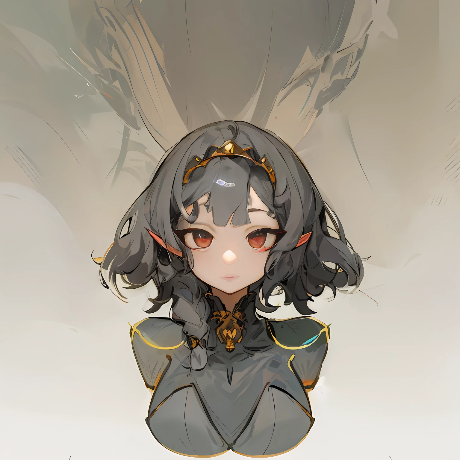 A woman with dark gray hair and a female elf,, closeup portrait of an mage