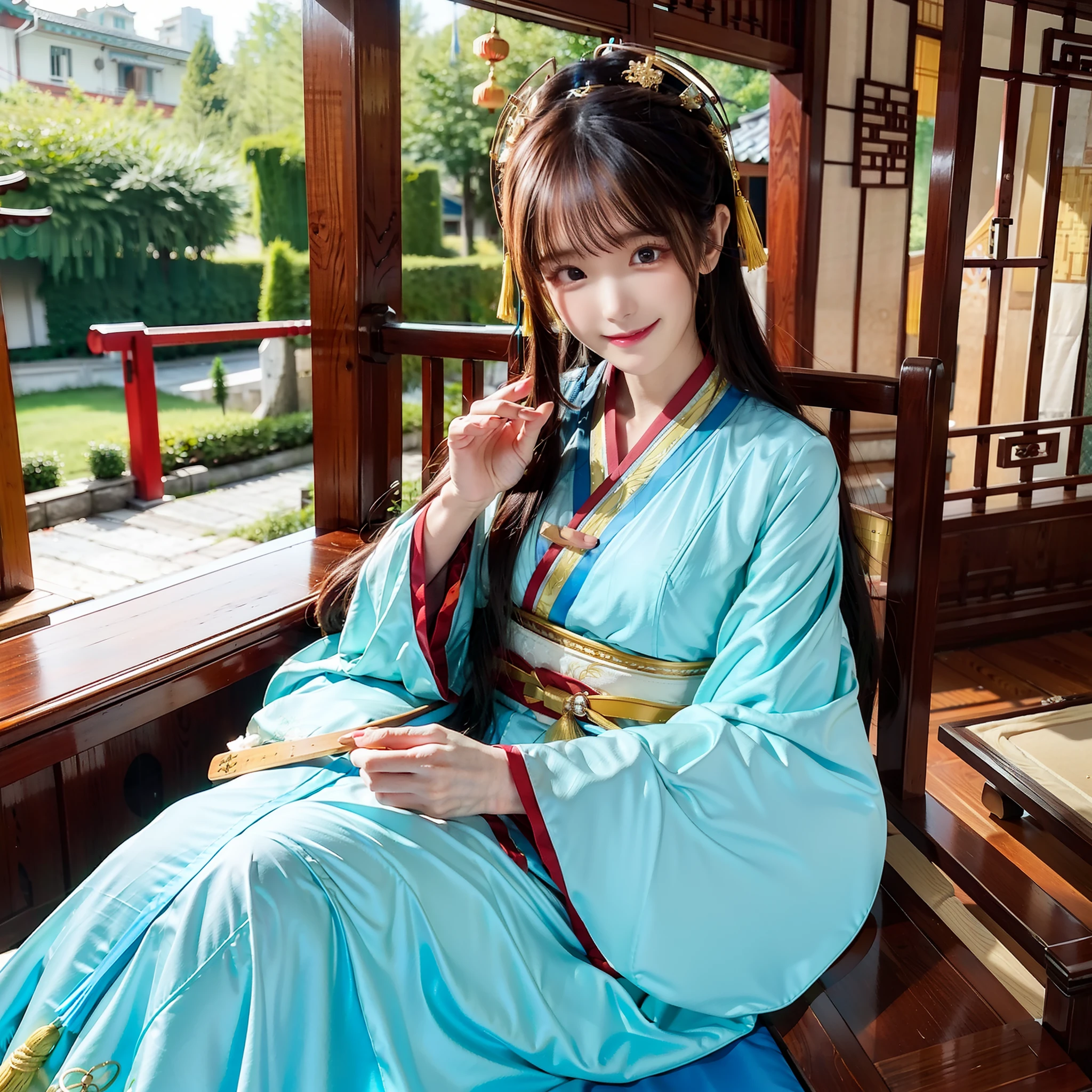 The girl leaned leisurely in the rocking chair,breeze,Heaven to heaven,ssmile,Fan in hand,Light blue gold-rimmed Chinese Hanfu