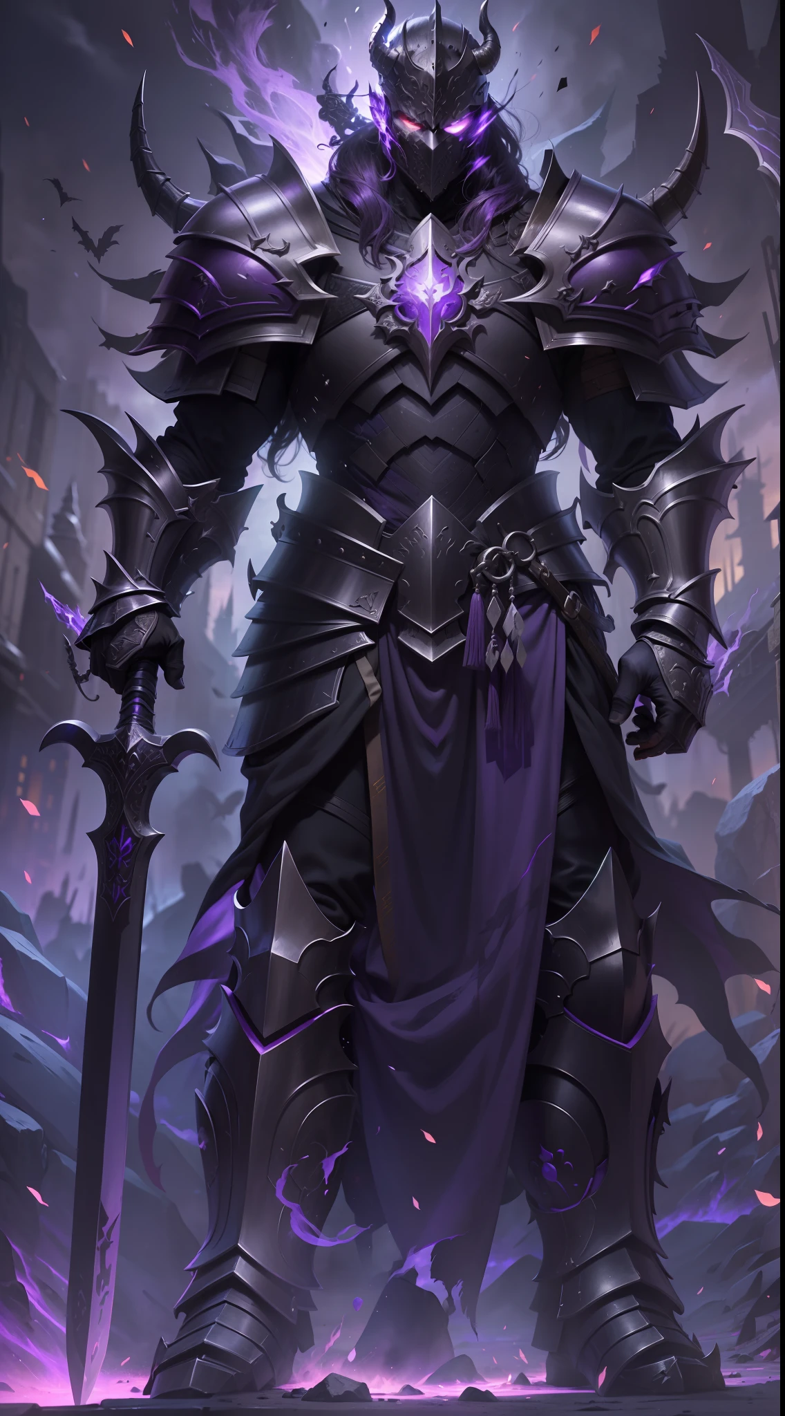 Close-up of a man holding a sword and armor, purple armor, black purple armor, purple demon armor, black fire reflective armor, demon warrior, blood knight, heavy armor and sword god of war, dragon knight, demon warrior, black and purple reflective armor, ruler of hell, Yang J, purple armor, king of cinder