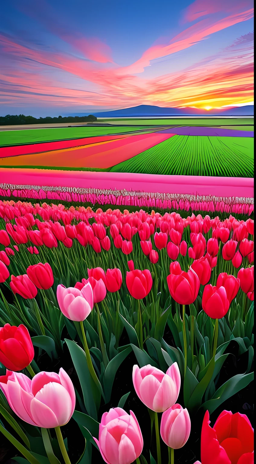 Spring,tulip field,sunset,beautiful sky,
distant viewwide angle