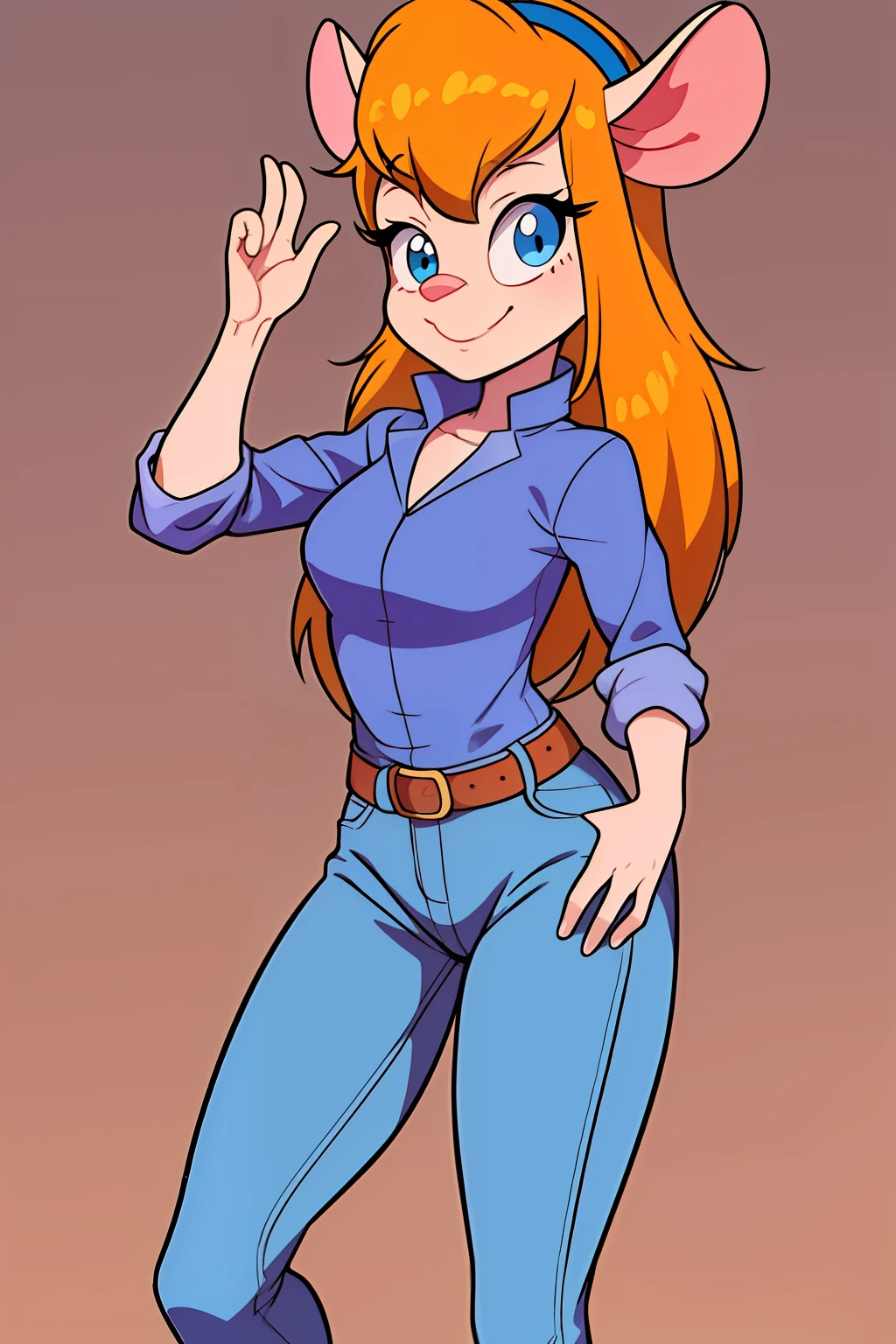 gadget_hackwrench, tiro de cowboy, sorriso, solo, Denim Jeans Pants, botas de cano alto, jaqueta pequena, (alta qualidade: 1.2), obra-prima, detalhado, highres, 4k, foco nítido, estilo simples, desenho animado, [[anime]]