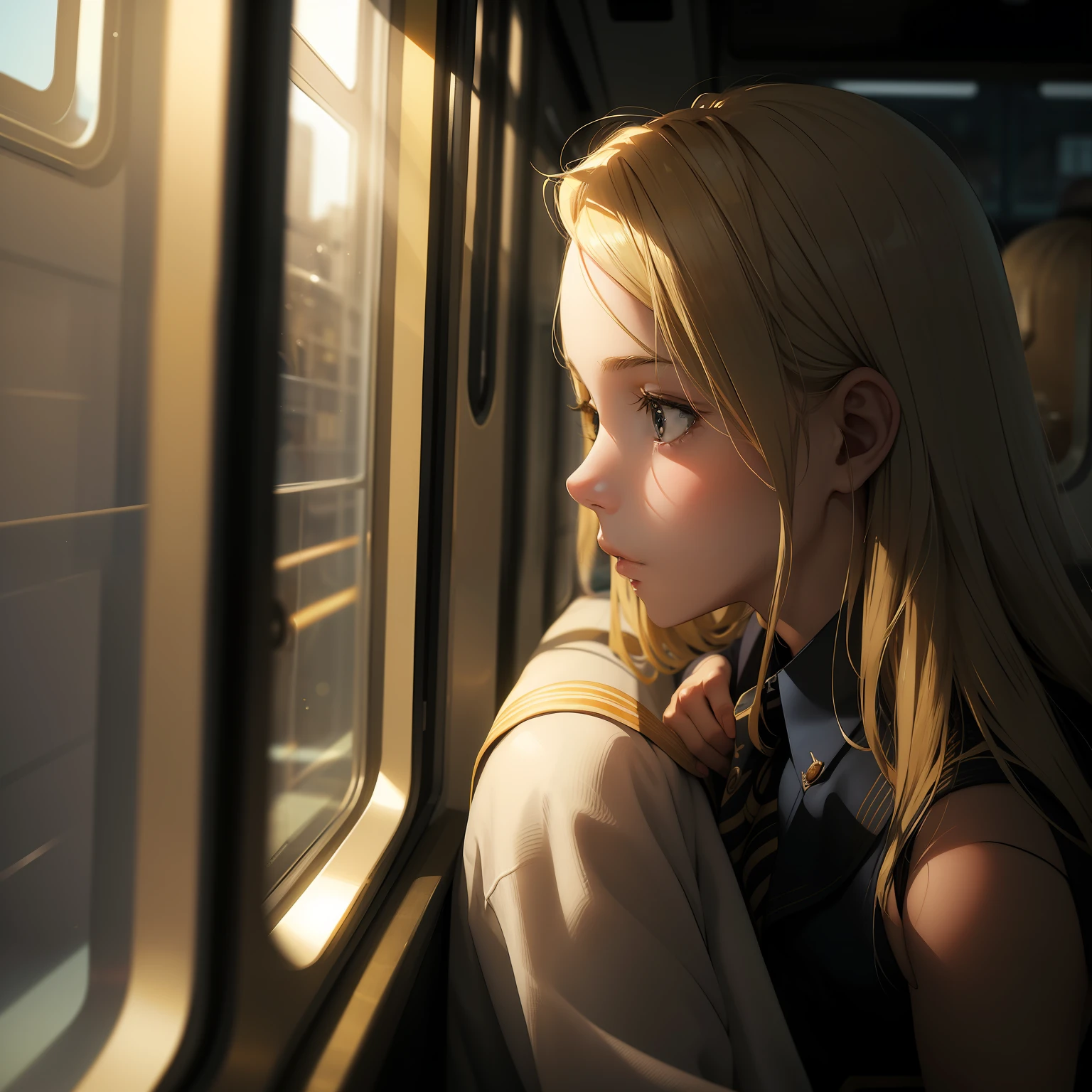 (masterpeace, best quality)  girl, teenonde hair, look in window, sitting in a train compartment, warm, volumetric lighting, soft light, bright