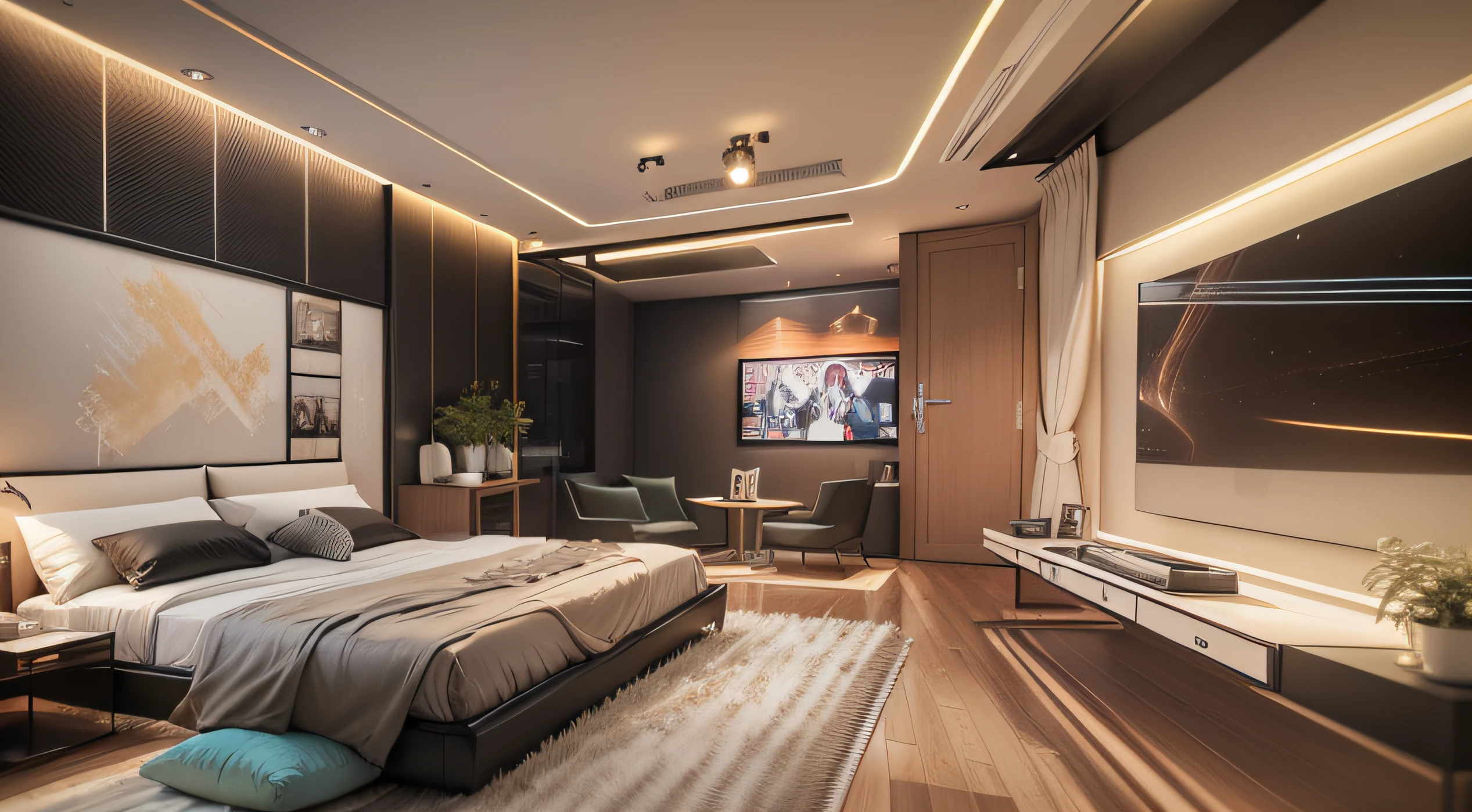 Ultra-detailed wide-area camera,Modern bedroom in cream style，（KTV box：1.5），KTV，room，modern，Technological，Black theme，large couch，room，tv set，microphones，Ambient lighting，dim-lit ambience