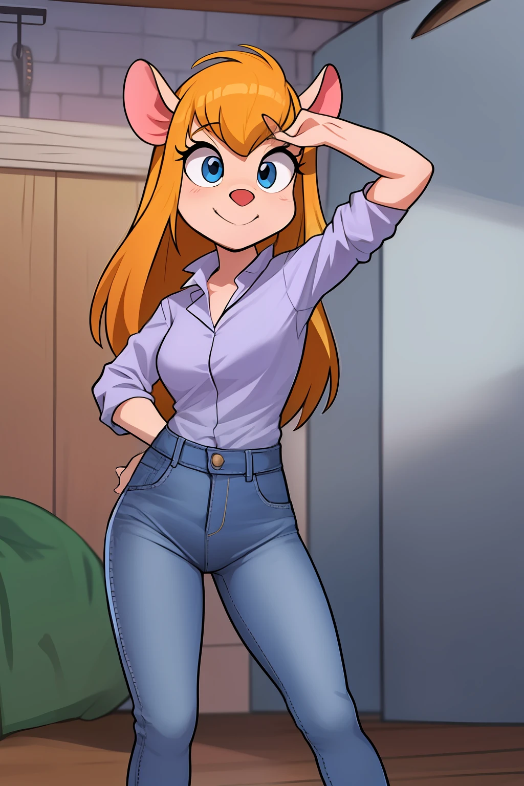 gadget_hackwrench, tiro de cowboy, sorriso, solo, Denim Jeans Pants, botas de cano alto, jaqueta pequena, (alta qualidade: 1.2), obra-prima, detalhado, highres, 4k, foco nítido, estilo simples, desenho animado, [[anime]]