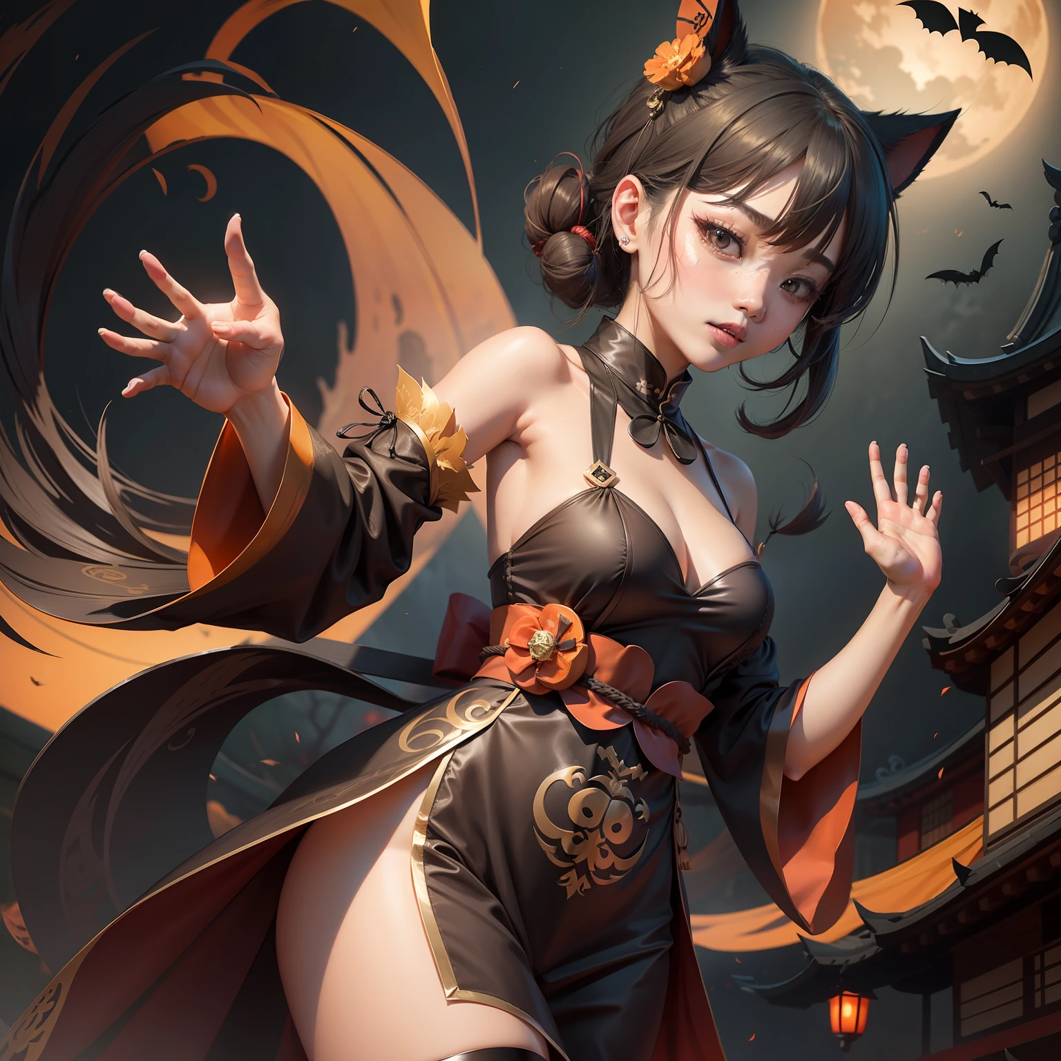 Hu_Tao(Genshin_impact), Halloween_dress, waving pose