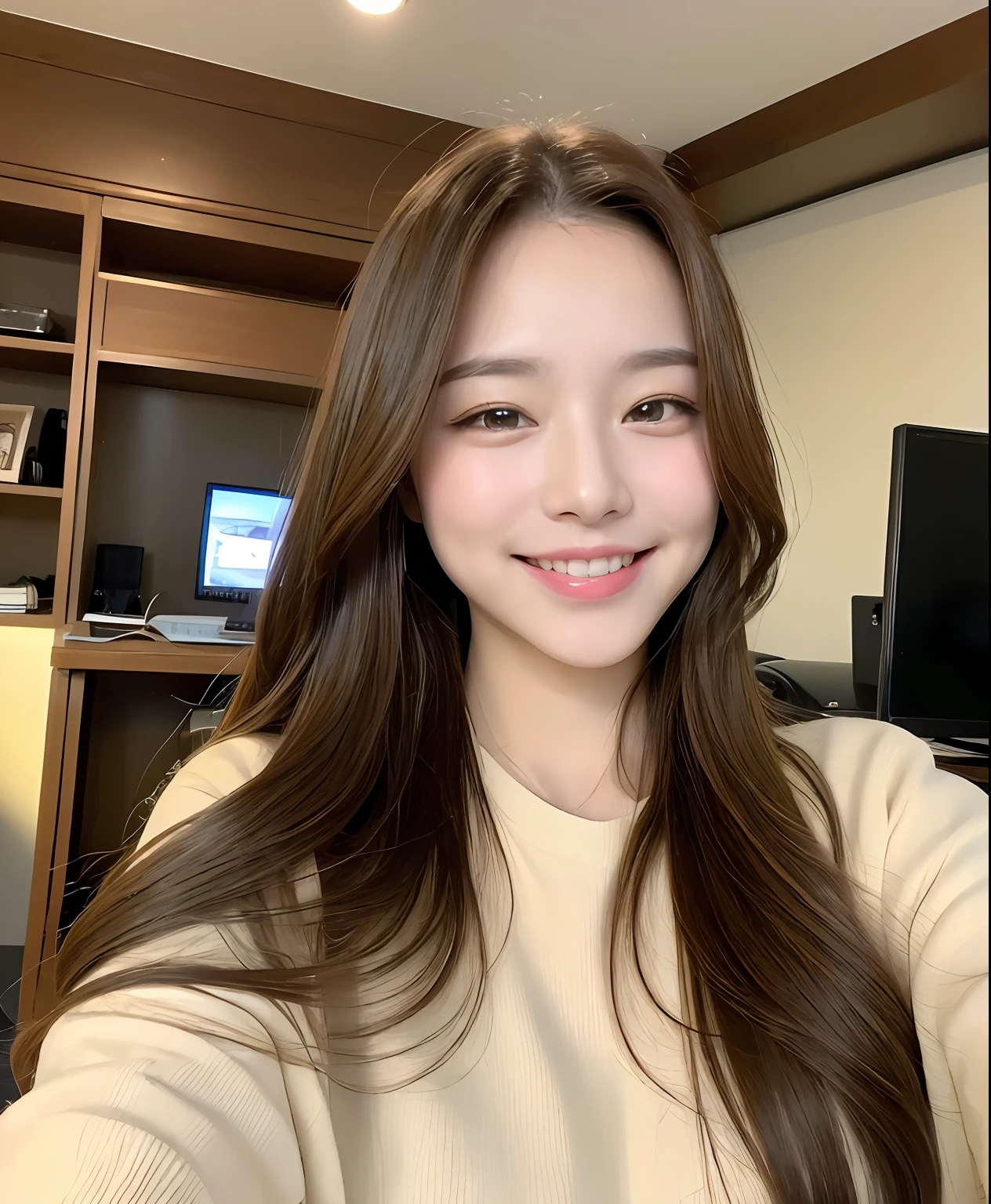 ((top-quality、8K、masterpiece:1.3))、1girl in、Beautiful woman with plump abs emphasized:1.3、(The long-haired、Colossal tits:1.2)、Staying on a computer at a hotel、Super delicate face、wholesome、二重まぶた、A smile that showed teeth、Random color clothes、Looking at the camera、Big smile、Look here、Look at me with your eyes wide open、Cozy feeling、Be in front of your computer