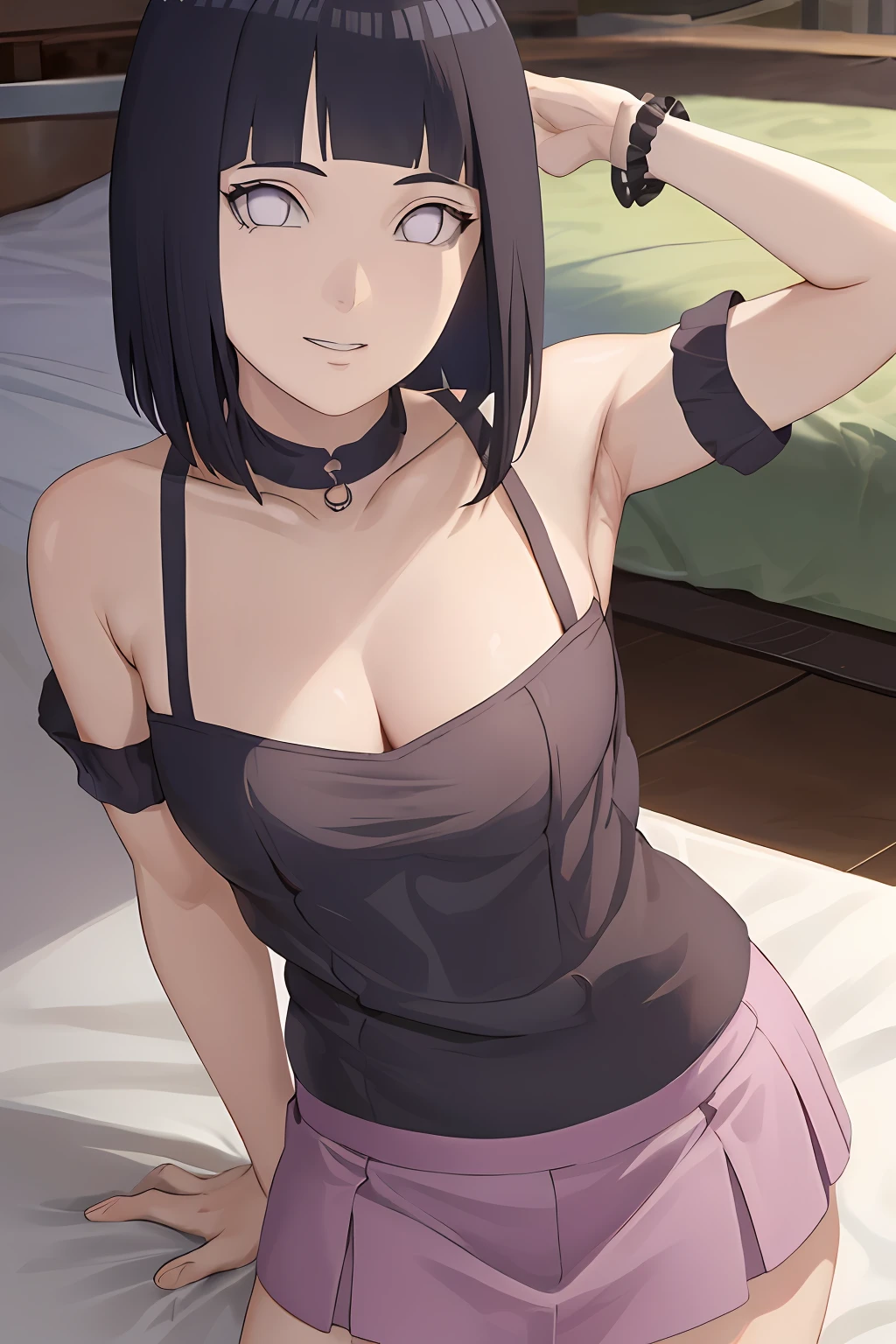 (Alta qualidade) solo, (Melhor qualidade, 8k, UHD: 1.2) fotorrealista, obra-prima, (detalhes intrincados), (colorido), cinematic lighthing, papel de parede 8k extremamente detalhado da unidade CG, hinata\(boruto\), 1girl, solo,olhando para o espectador, sorriso, cabelo flutuante, corpo perfeito, sexy, corpo inteiro,milf Body, purple skirt curta, na cama, janela, cidade de fundo, anoite, Room, top view, pink cheeks, mais distante, brassier,