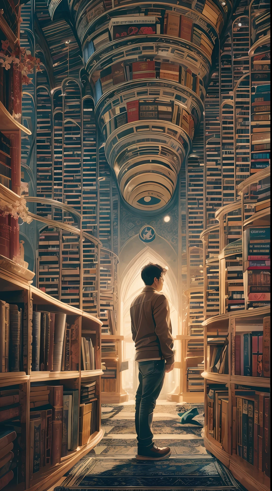 arafed image of a man standing in a library with books, endless books, borne space library artwork, books cave, fantasy book illustration, spiral shelves full of books, infinite celestial library, an eternal library, gothic epic library concept, magic library, japanese sci - fi books art, beeple and jean giraud, books all over the place