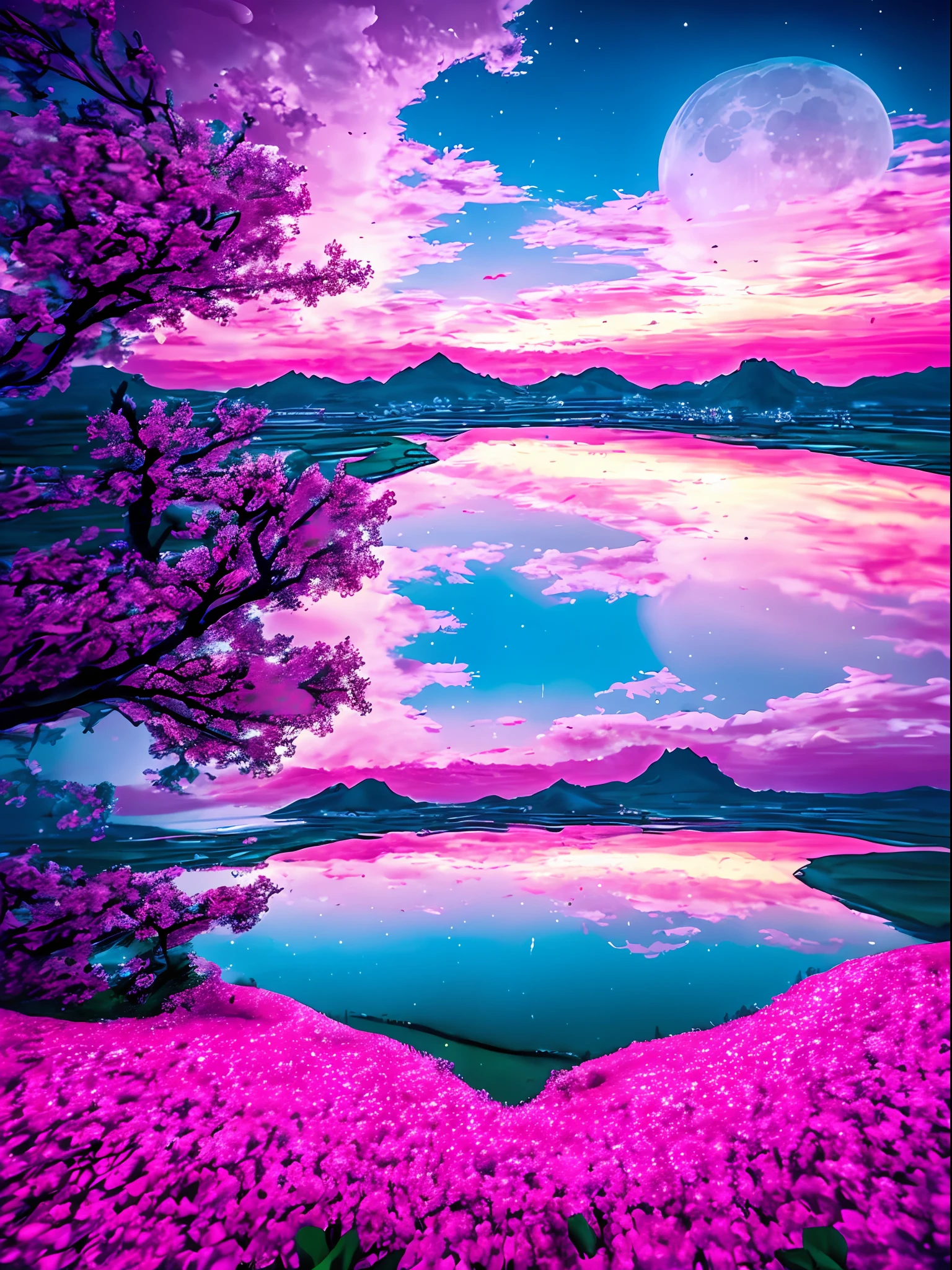 4k，without humans，Pink Moon，pink-sky，Pink ocean，dream magical，Pink clouds，lindo cenario，without humans，Highest image quality，Highest high resolution