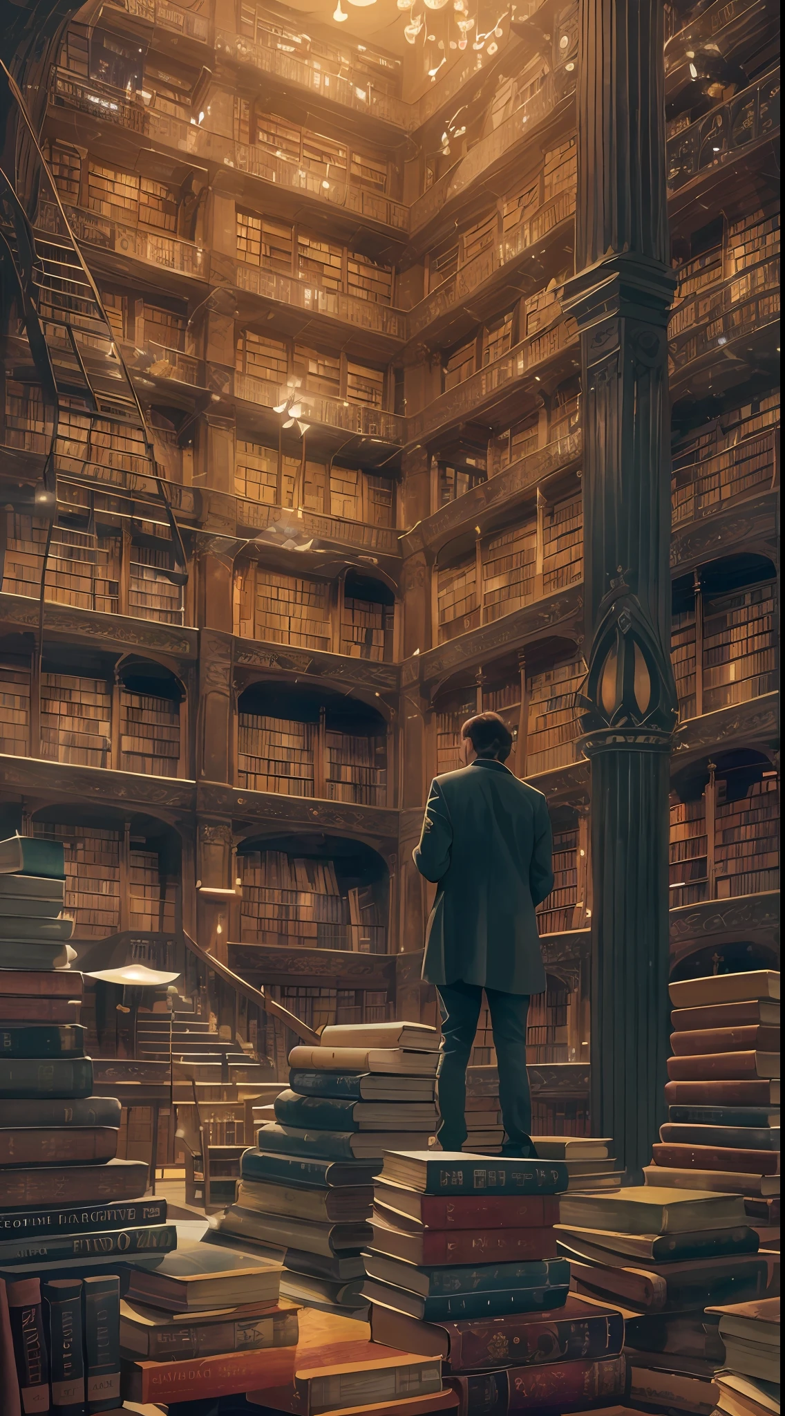 arafed image of a man standing in a library with books, endless books, borne space library artwork, books cave, fantasy book illustration, spiral shelves full of books, infinite celestial library, an eternal library, gothic epic library concept, magic library, japanese sci - fi books art, beeple and jean giraud, books all over the place