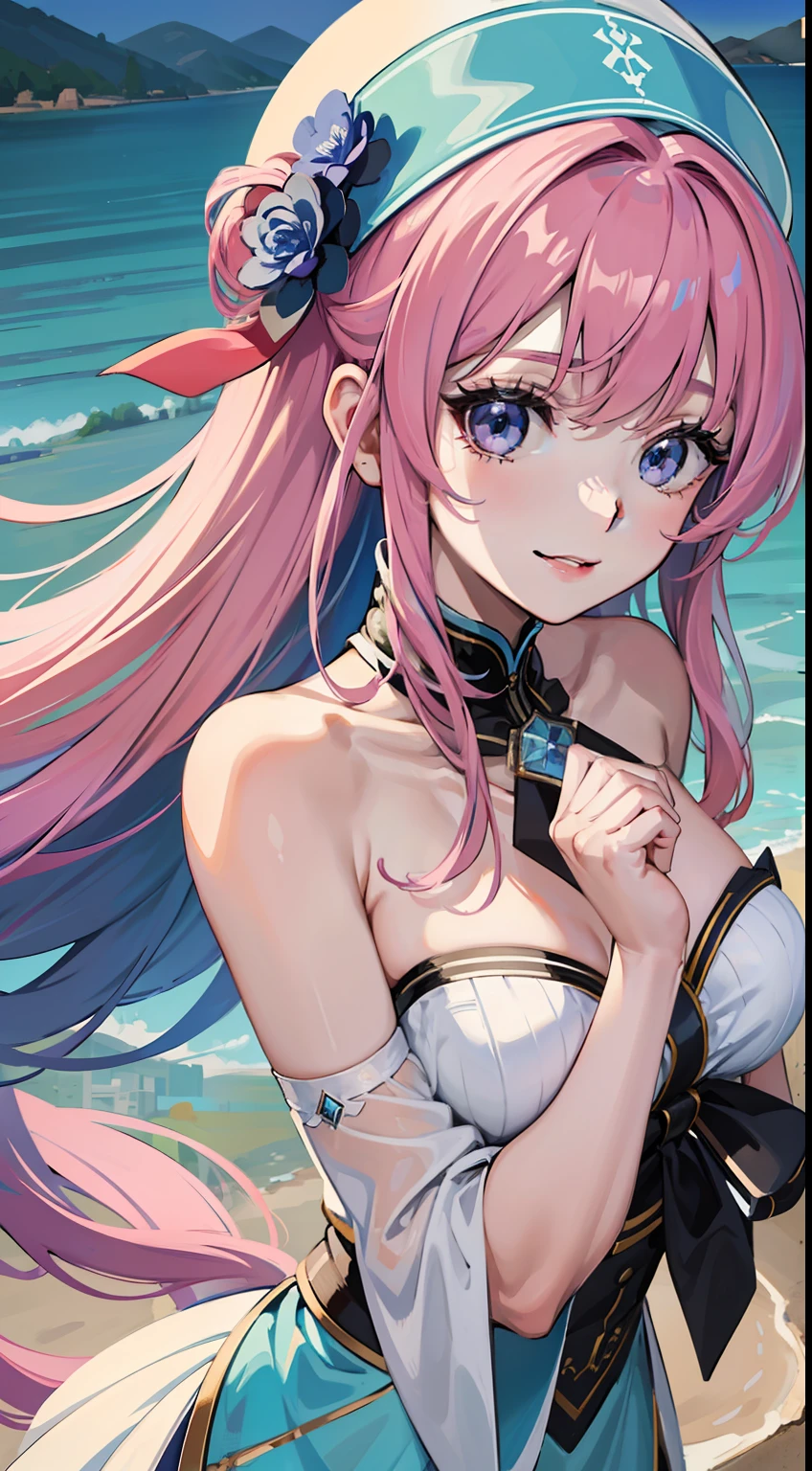 Masterpiece,Best quality,Best quality,Amazing,Beautiful detailed eyes,1girll,finedetail,depth of fields,Extremely detailed Cg Unity 8K wallpaper,Masterpiece,Upper body,(vtuber Minato aqua),Pink hair,blue streaked hair,Holy,White slit long mop dress ,Mature female,standing,mediating_Breasts,Silver Headwear,Smile,Black high heels,long whitr hair, Face to the side,jewelry,Hair blue flower,With gray eyes,Close-up