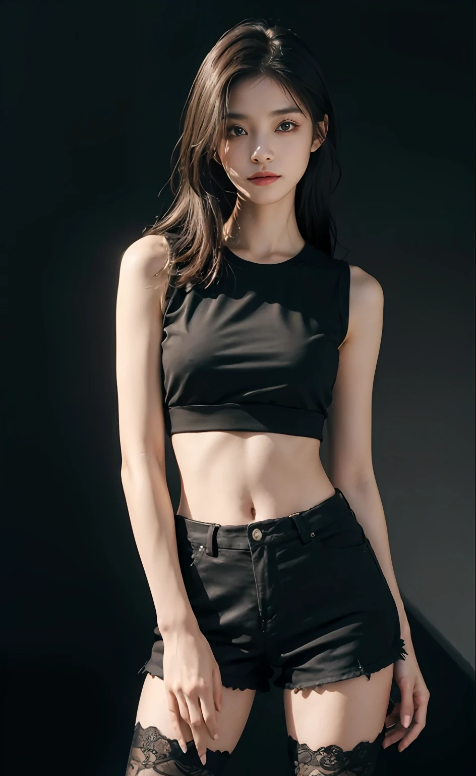 Best quality, masterpiece level, intricate details, high-precision graphics, ultra-HD quality, detailed shadows, fantastic atmosphere, dark background, shadow effect, local light, a pure beauty girl, personal solo display, exquisite and detailed face and eyes, real skin fit, black and white contrast scheme, high waist and slender leg line, shorts with stockings, (sleeveless T-shirt for top, full body presentation),