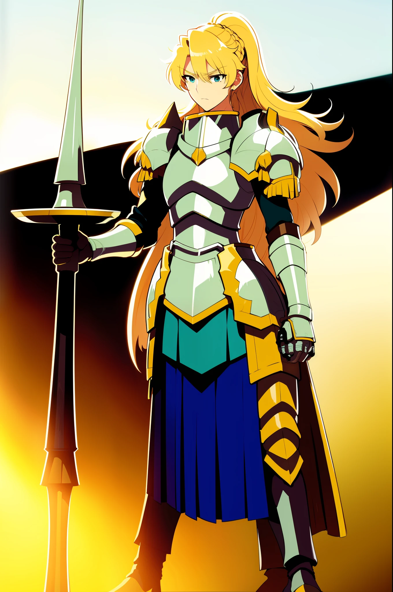 Alicetaria : cheveux blonds, cheveux longs, Queue, Yeux verts : armure, cretons, cap, Gantelets, pleated  skirt, shoulder armor, Pauldron : chemise bleue, pleated  skirt, walking, lance holding, holding weapon