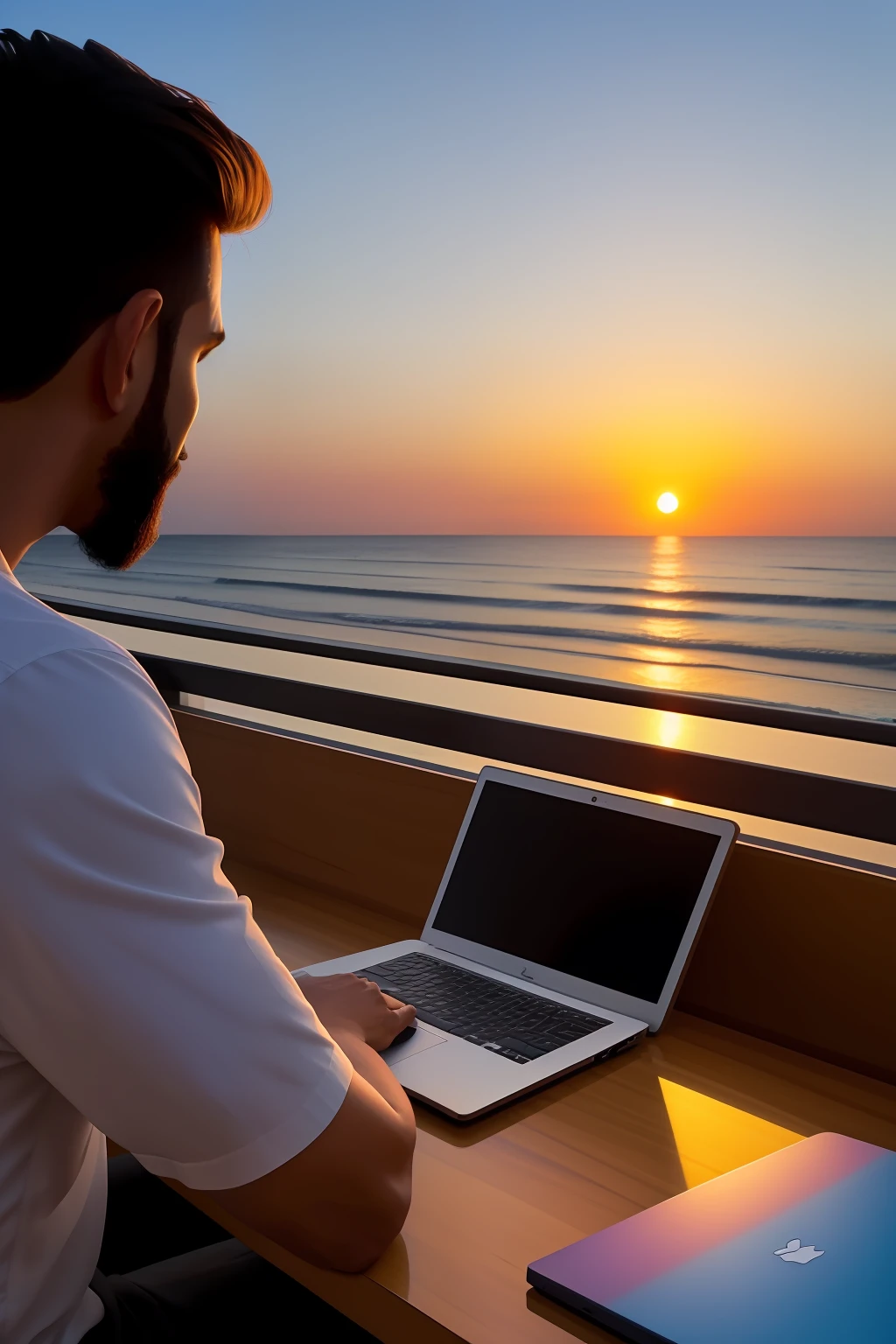 Man sitting at a table with a cup of coffee, sentado em frente ao computador, usando seu laptop, programador python, code, trabalho remoto, Paradisiacal place, praia, sunset, luxo, conforto