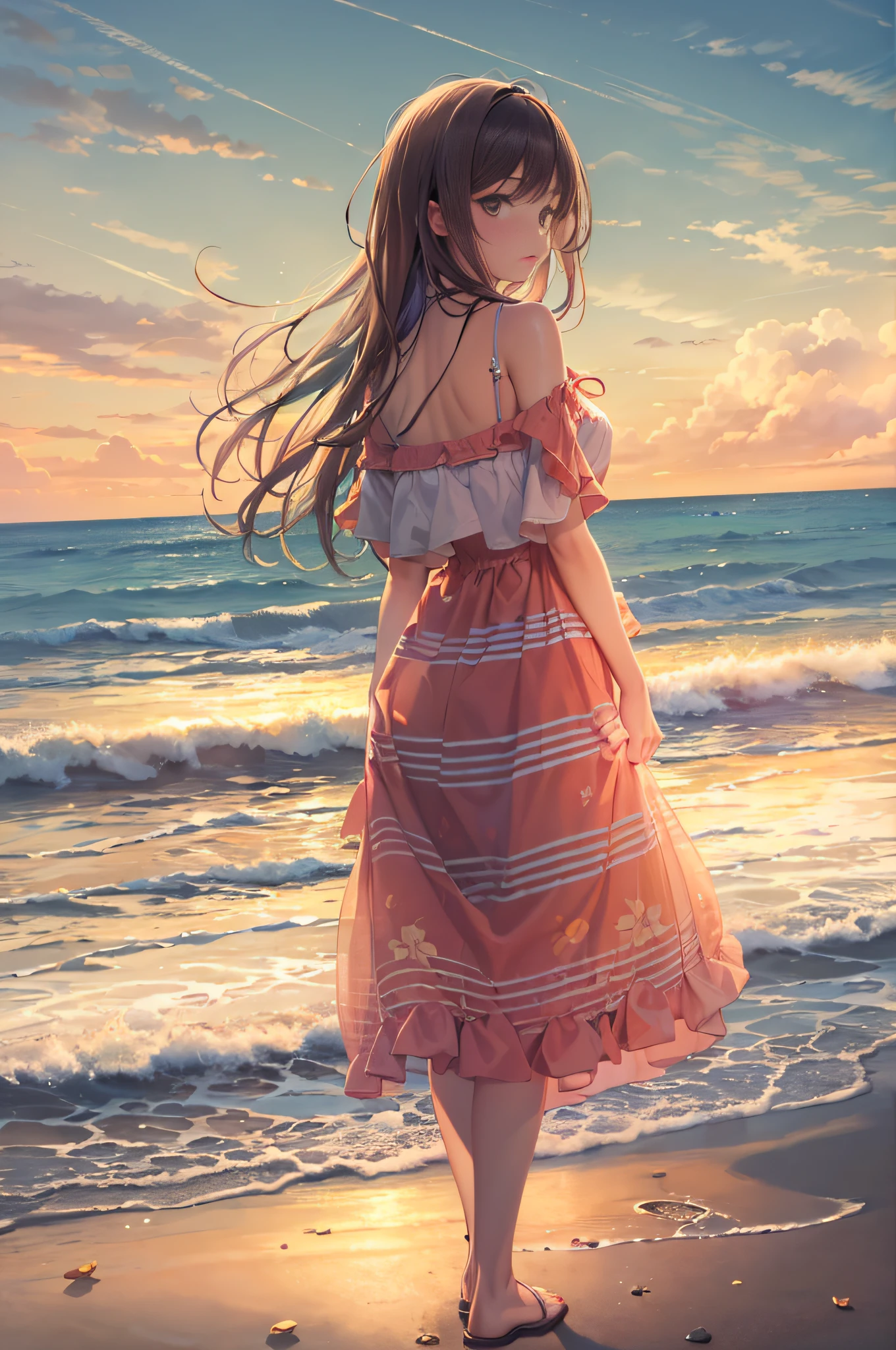 (masterpiece, best quality:1.3), (16k, highres:1.3), Summer sunset, lone woman standing on the beach, wearing summer dress, teenage girl, very cute
