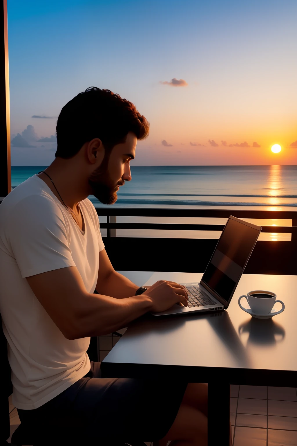 Man sitting at a table with a cup of coffee, sentado em frente ao computador, usando seu laptop, programador python, code, trabalho remoto, Paradisiacal place, praia, sunset, luxo, conforto