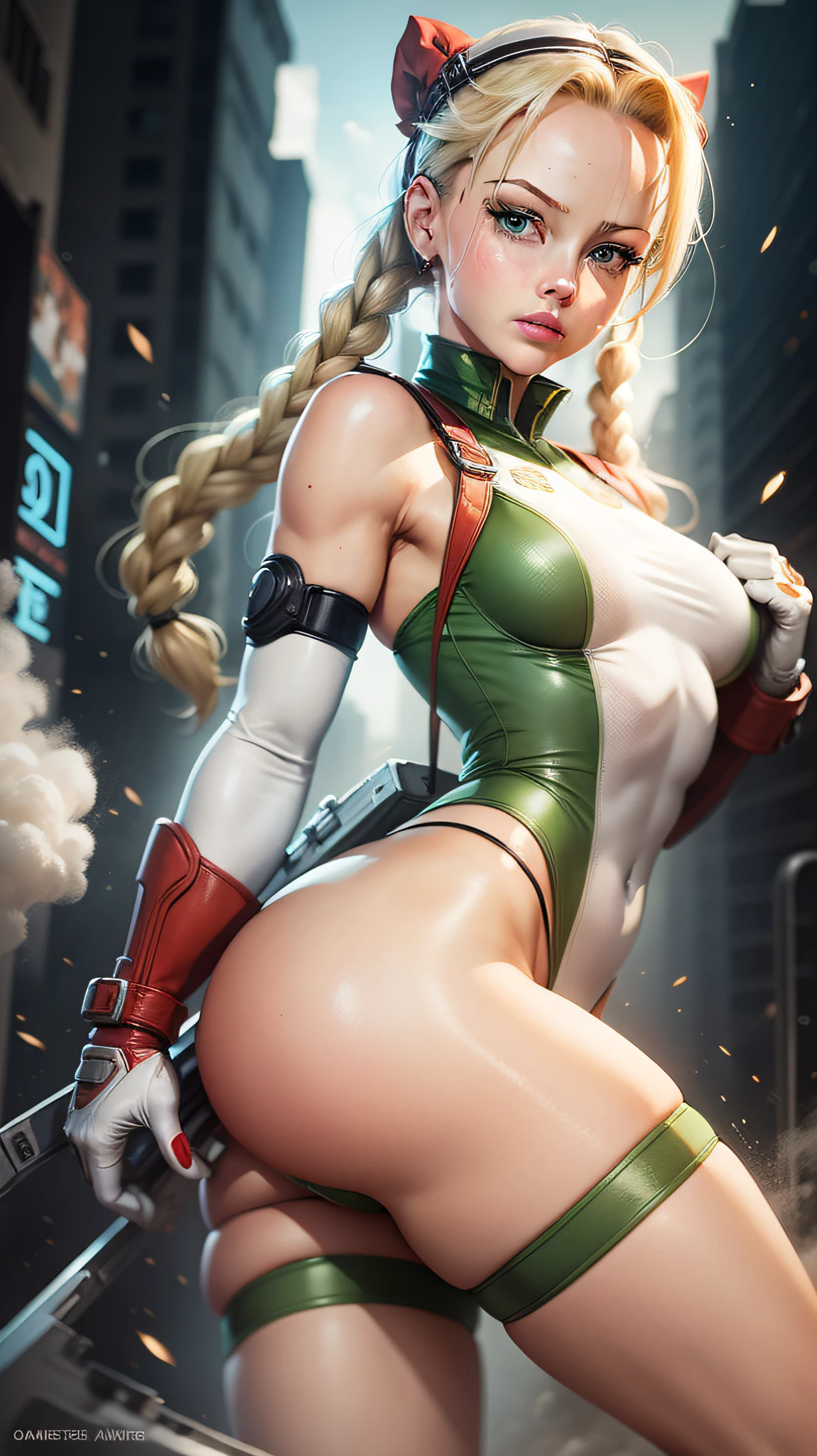 (high quality, best rendering), (beautiful girl, cammy), (bomb, pin-up style), hot, floss, perfect body, small breasts, fitness, blonde, two long braids, elaborate hair, red carpet, almost naked, psychopath, crazy face, body turned forward, legs spread, hands behind the head, dress with green slits, red high heels, pastel, center, scales to dimensions, camel toes,