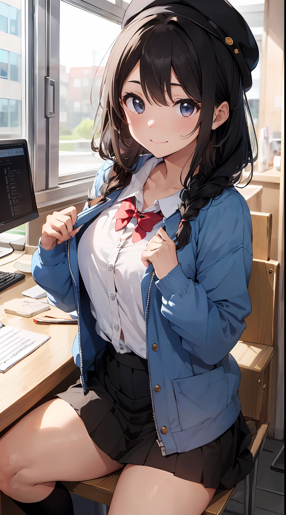 Masterpiece to the smallest detail、top-quality、1girl in、独奏、25-years old、170cm、Plump breasts、AAACup Breast、(Uneven chest:1.4)、Extraordinary beauty、Silky texture hair、Semi-long、Braids、Two-color mesh、Realistic eyes、Outstanding looks、Unclear、proximity、Closed_Mouth、A smile、red blush、full of shyness、Hats that look good、Hats、pink bowtie、校服、 Blue jacket、jaket、skirt by the、Gray pretz skirt、Cutter shirt、white shirt、an legs、Black socks、sitting on、s Office、hair_ornament detached、up looking_で_viewer、beatiful detailed eyes、Attractive gestures、panties on、seductiv、Professional effects、invite、Ignorant look、receptionist、Large Enterprise Building