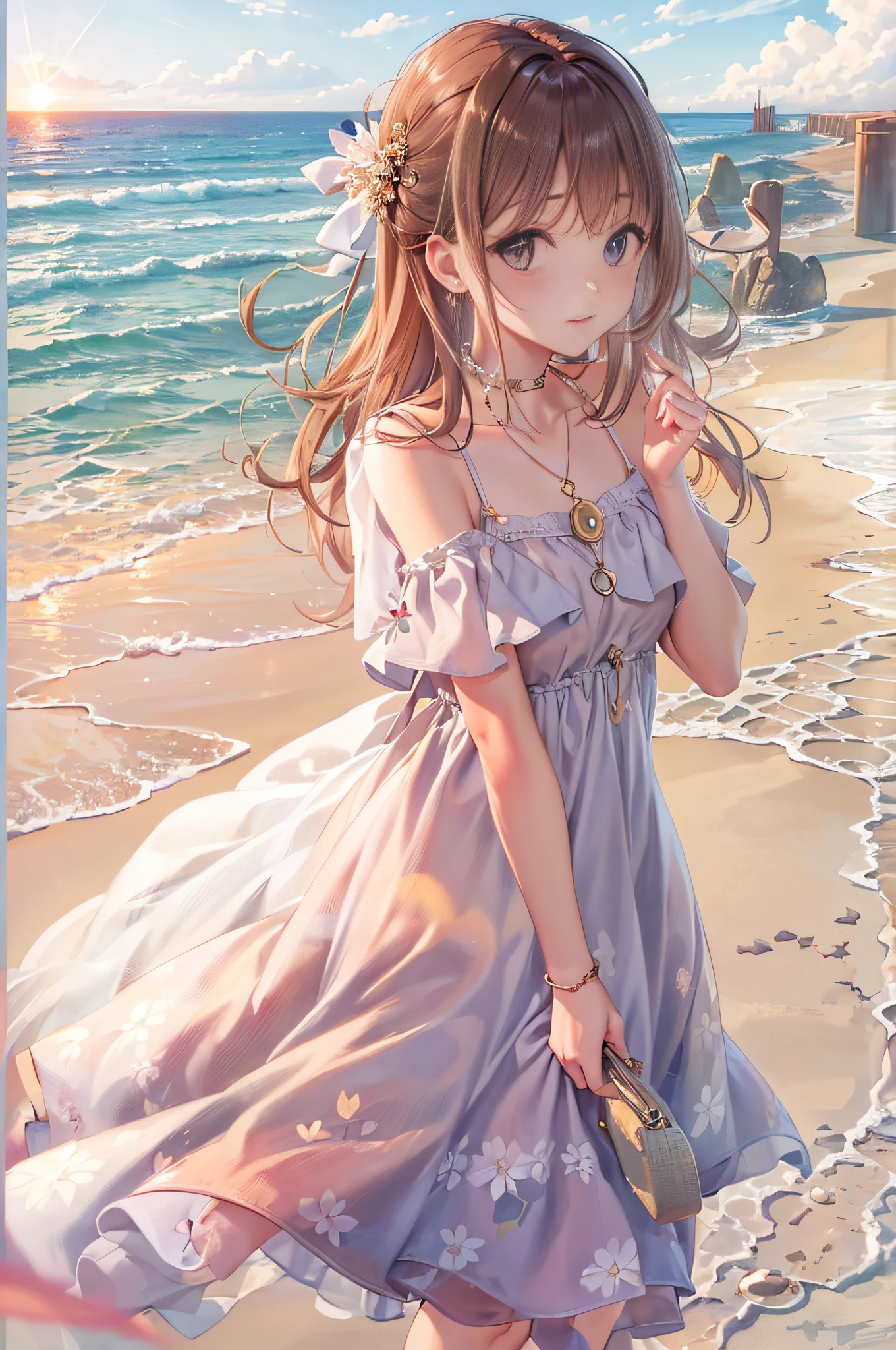 (masterpiece, best quality:1.3), (16k, highres:1.3), Summer sunset, lone woman standing on the beach, wearing summer dress, teenage girl, very cute