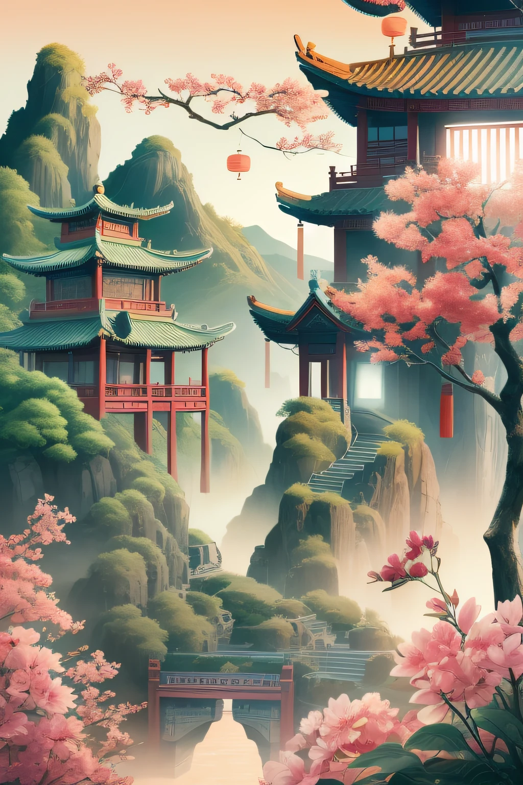 （China - Chic Chinese landscape，Oriental elements），（China - Fashion illustration：1.5，Vector painting：1.5），（Chinese colors，senior color matching，gradient backgrounds，white backgrounid），（The is very detailed，reasonable design，Clear lines，High- sharpness，best qualtiy，tmasterpiece，offcial art，movie light effect，4K）