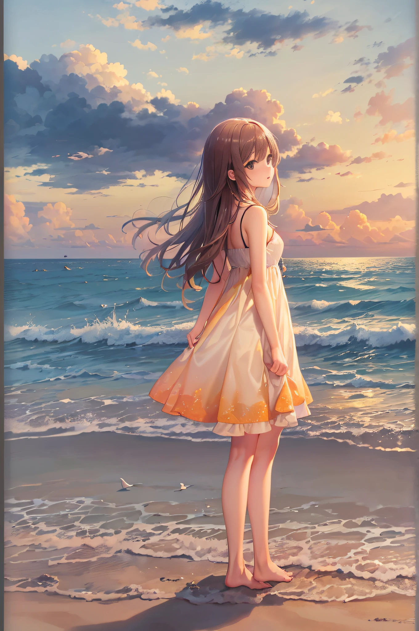 (masterpiece, best quality:1.3), (16k, highres:1.3), Summer sunset, lone woman standing on the beach, wearing summer dress, teenage girl, very cute