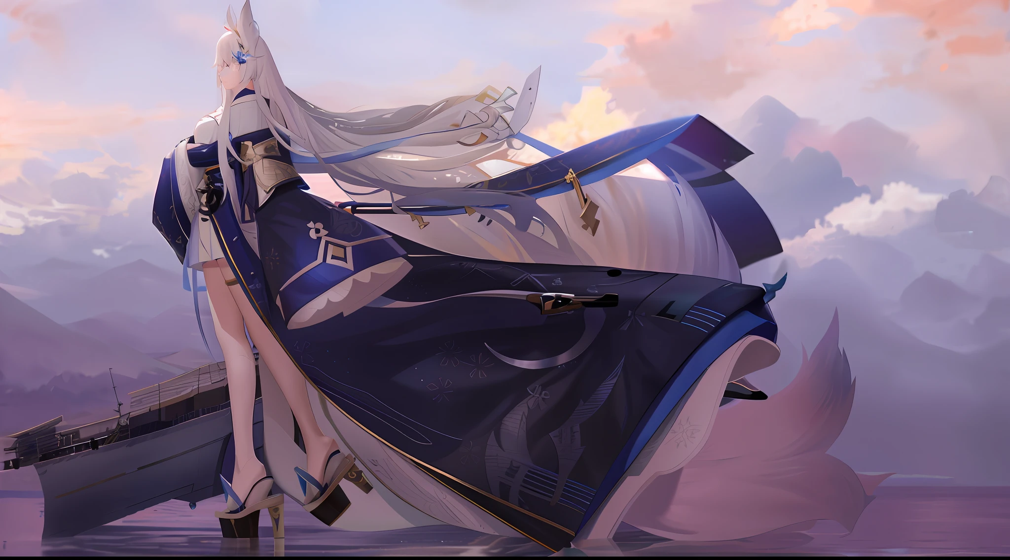 Anime character Long hair standing on boat in the water, trending on artstation pixiv, fate grand order, Keqing from Genshin Impact, white-haired god, From Arknights, Onmyoji detailed art, Best anime 4k konachan wallpaper, Anime art wallpaper 8 K, Guweiz in Pixiv ArtStation, Detailed key anime art