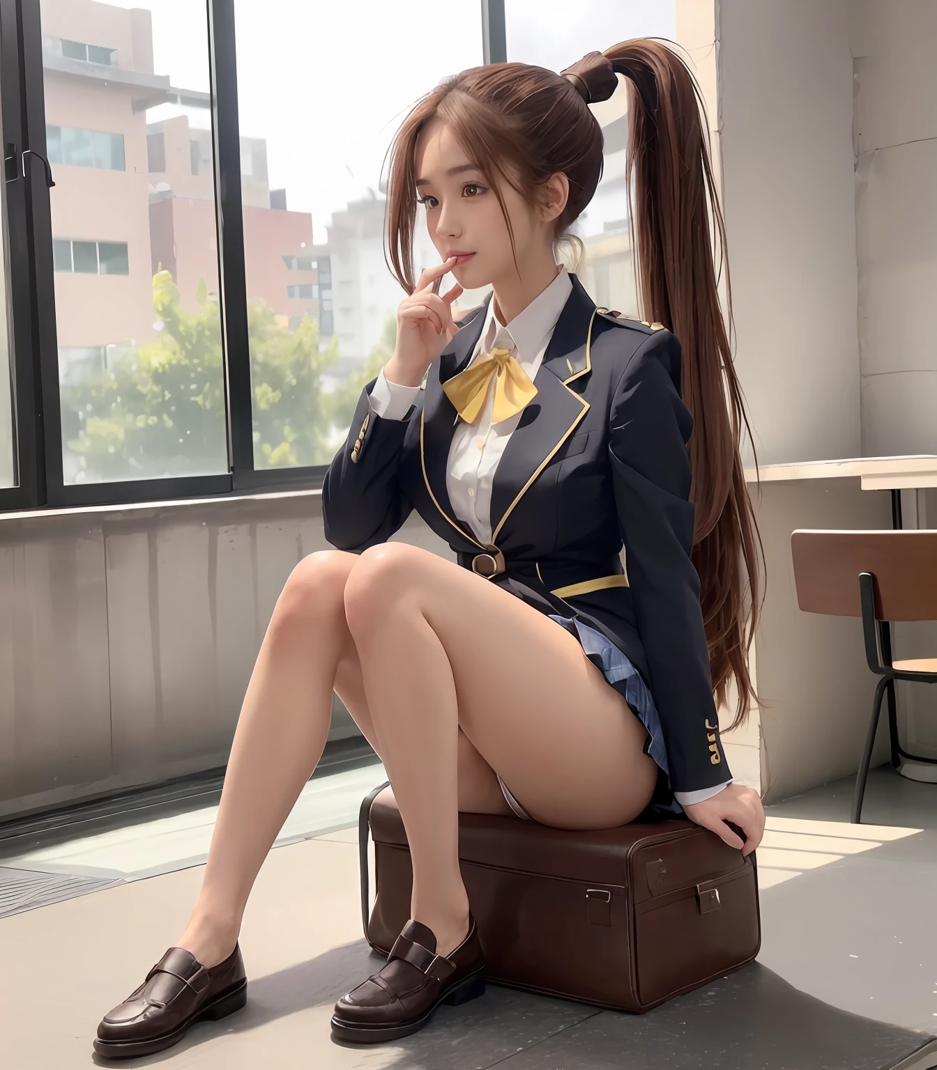 (Raw photography、top-quality)、(realisitic、Photorealsitic:1.3)、masterpiece、extremely delicate and beautiful、A highly detailed、nffsw、Unity、2k wallpaper、astonishing、finely detail、Highly detailed ticker Unity 8k wallpaper、ultra-detailliert、hight resolution、absurderes、1girl in、Soft light、((long ponytail with brown hair:1.3))、a beautiful detailed girl、Detailed finger、extremely detailed eye and face、beautiful detailed nose、beatiful detailed eyes、long eyeslashes、1girl in、cute little、18year old、(full body Esbian:1.3)、(large full breasts、Big buttocks)、Lifelike face、Realistic body、Lustrous skin texture、Beautiful plump thighs、(High school girl in uniform、a miniskirt:1.3、Dark blue blazer)、sit on desk、spread legswide、(up skirt、yellow panty、Inter-strands)