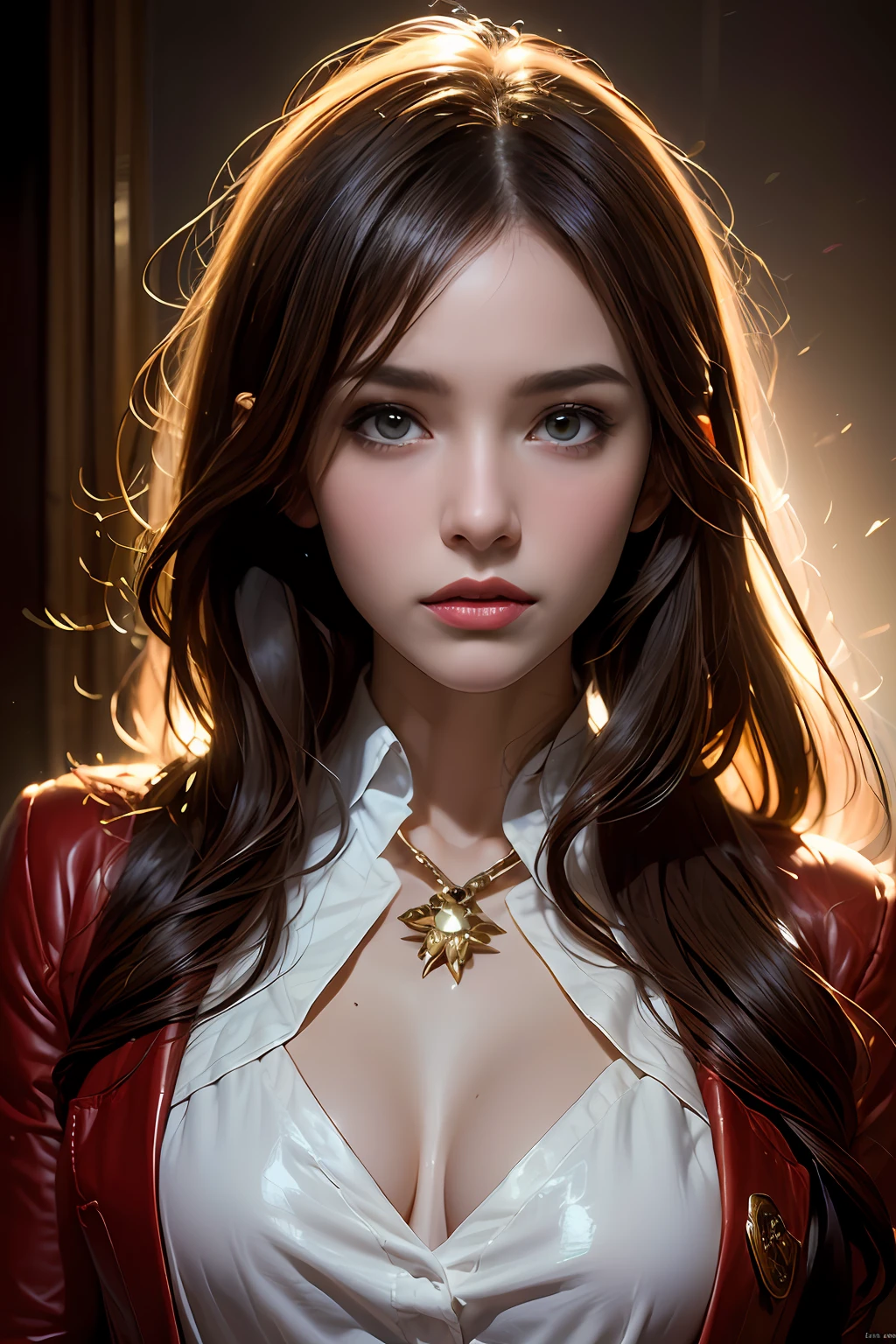 Hyperrealist portrait of female by david hockney and alphonse mucha,fantasy art, photo realistic, dynamic lighting, artstation, poster, volumetric lighting, very detailed faces, 4 k, award winning,, 1girl, in the dark, deep shadow, low key,cowboy shot,(official clothing:1.4) ,long hair,white hair,